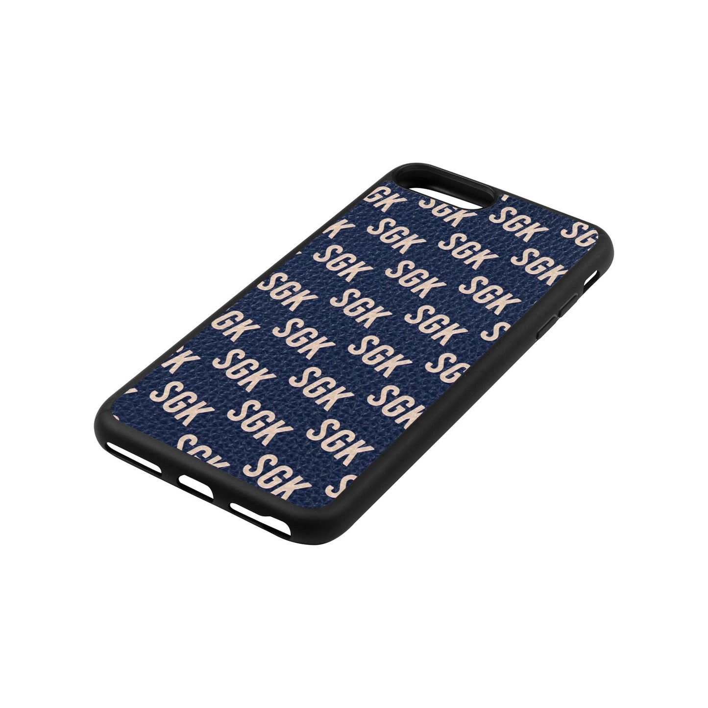 Personalised Brick Pattern Text Navy Blue Pebble Leather iPhone 8 Plus Case Side Angle