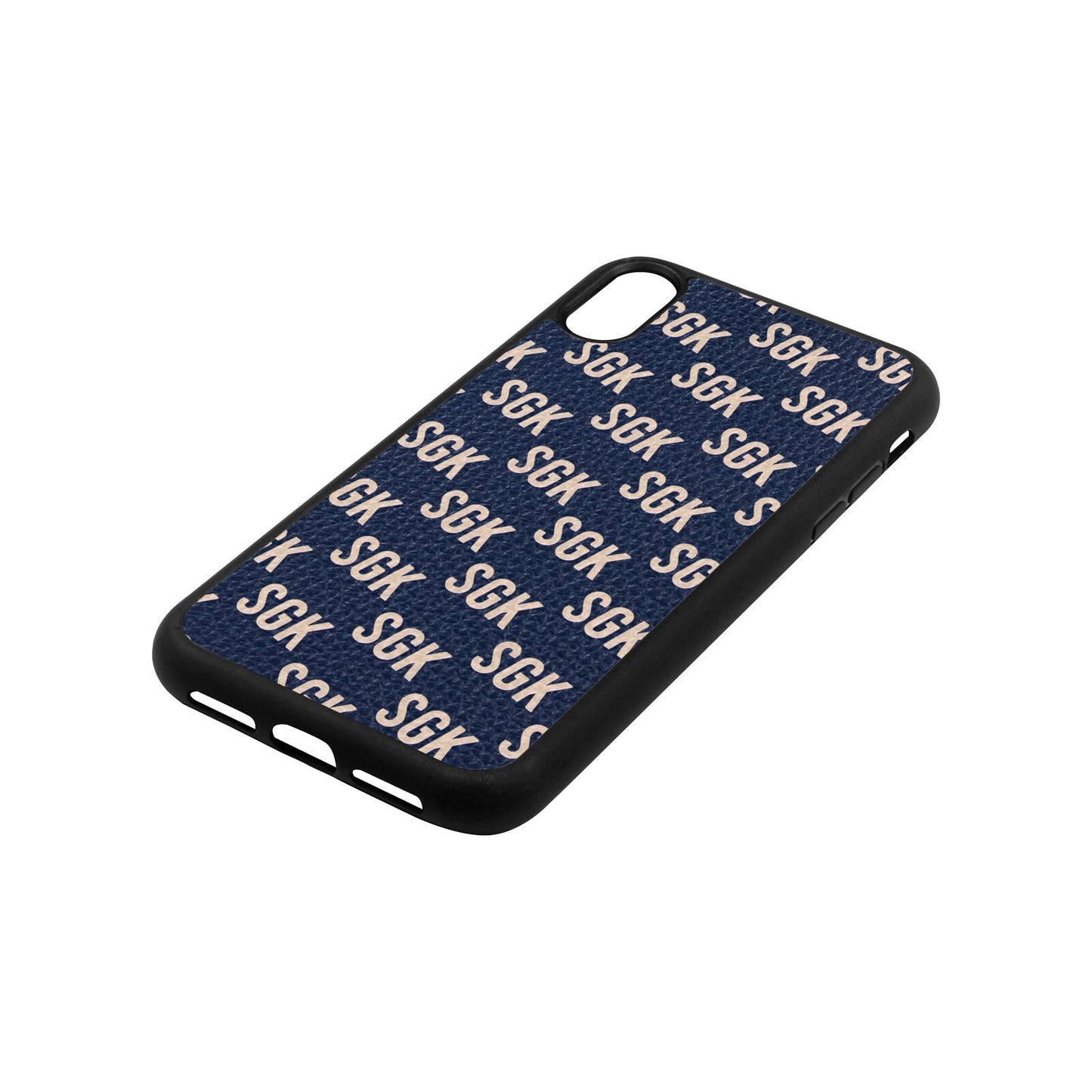 Personalised Brick Pattern Text Navy Blue Pebble Leather iPhone Xr Case Side Angle