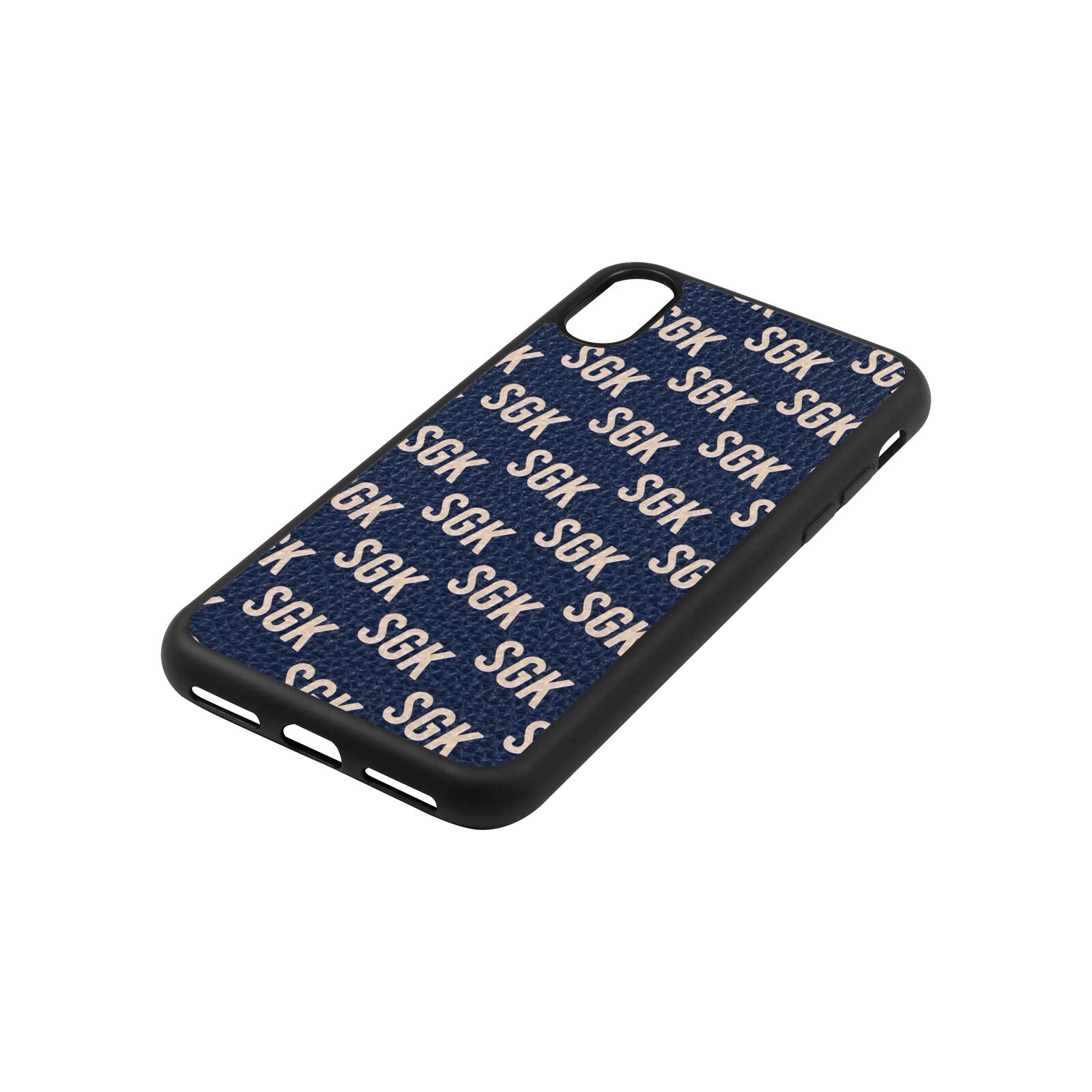 Personalised Brick Pattern Text Navy Blue Pebble Leather iPhone Xs Case Side Image