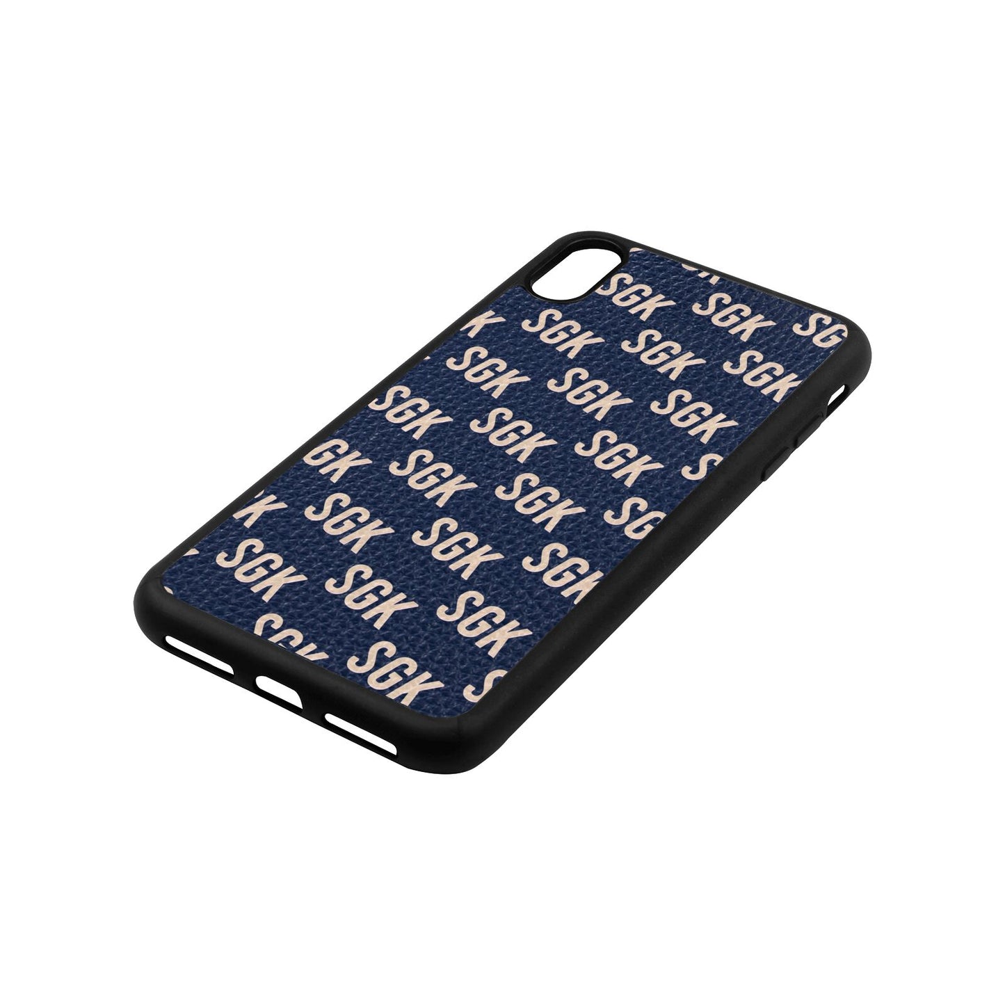 Personalised Brick Pattern Text Navy Blue Pebble Leather iPhone Xs Max Case Side Image