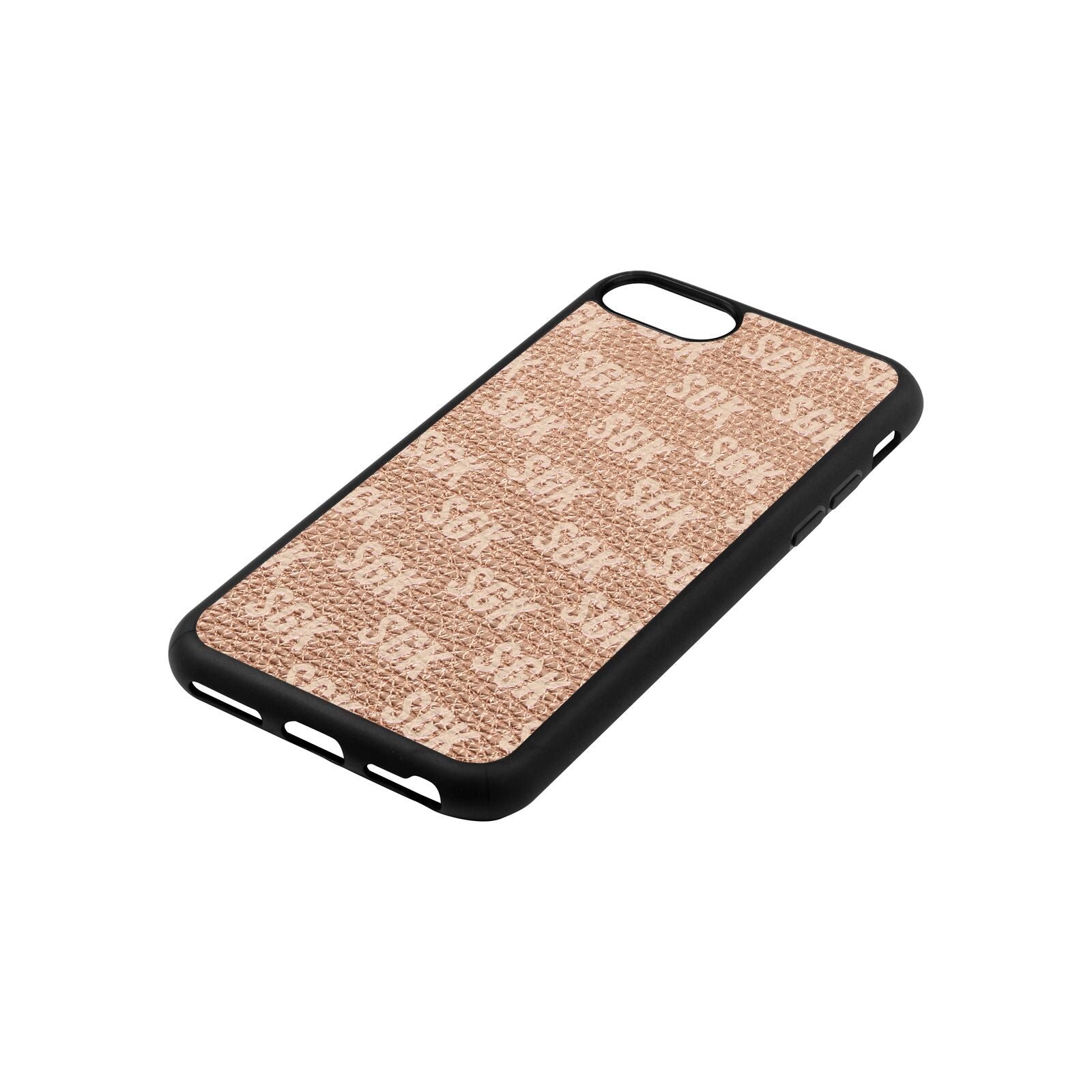 Personalised Brick Pattern Text Rose Gold Pebble Leather iPhone 8 Case Side Angle