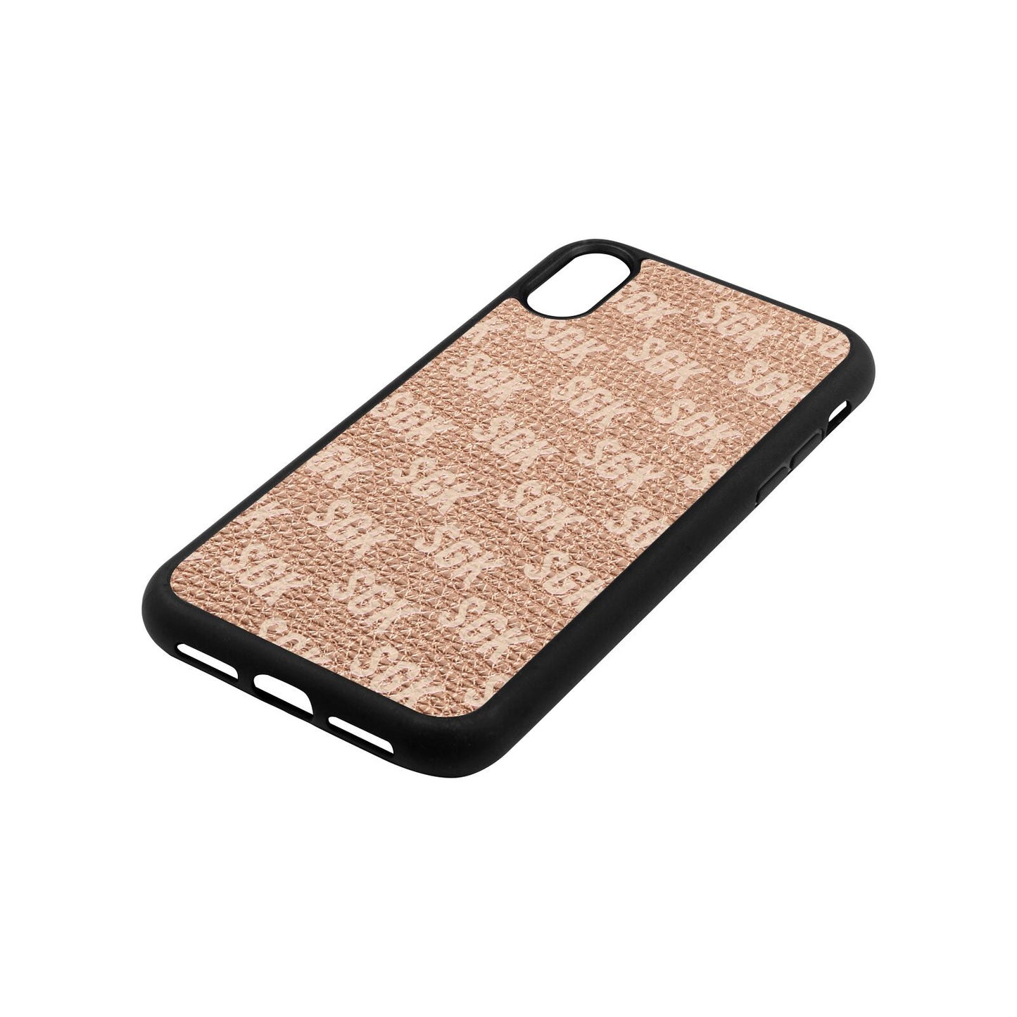 Personalised Brick Pattern Text Rose Gold Pebble Leather iPhone Xr Case Side Angle