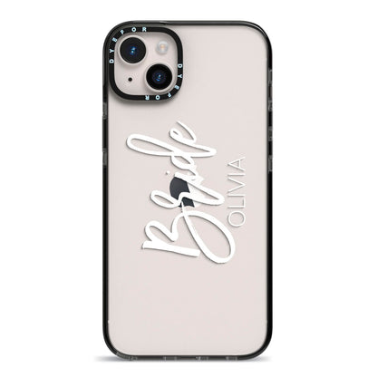 Personalised Bride iPhone 14 Plus Black Impact Case on Silver phone