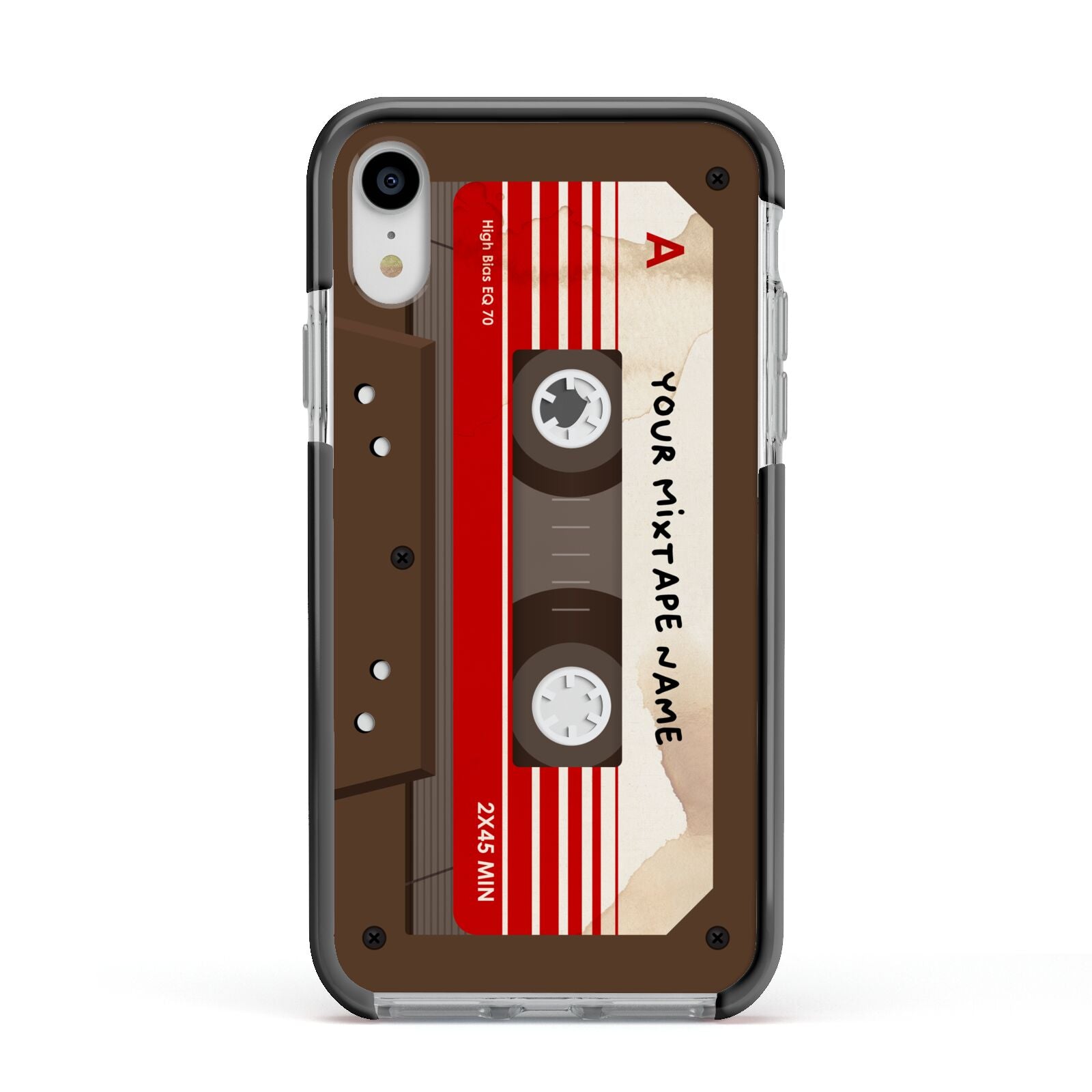 Personalised Brown Mixtape Apple iPhone XR Impact Case Black Edge on Silver Phone