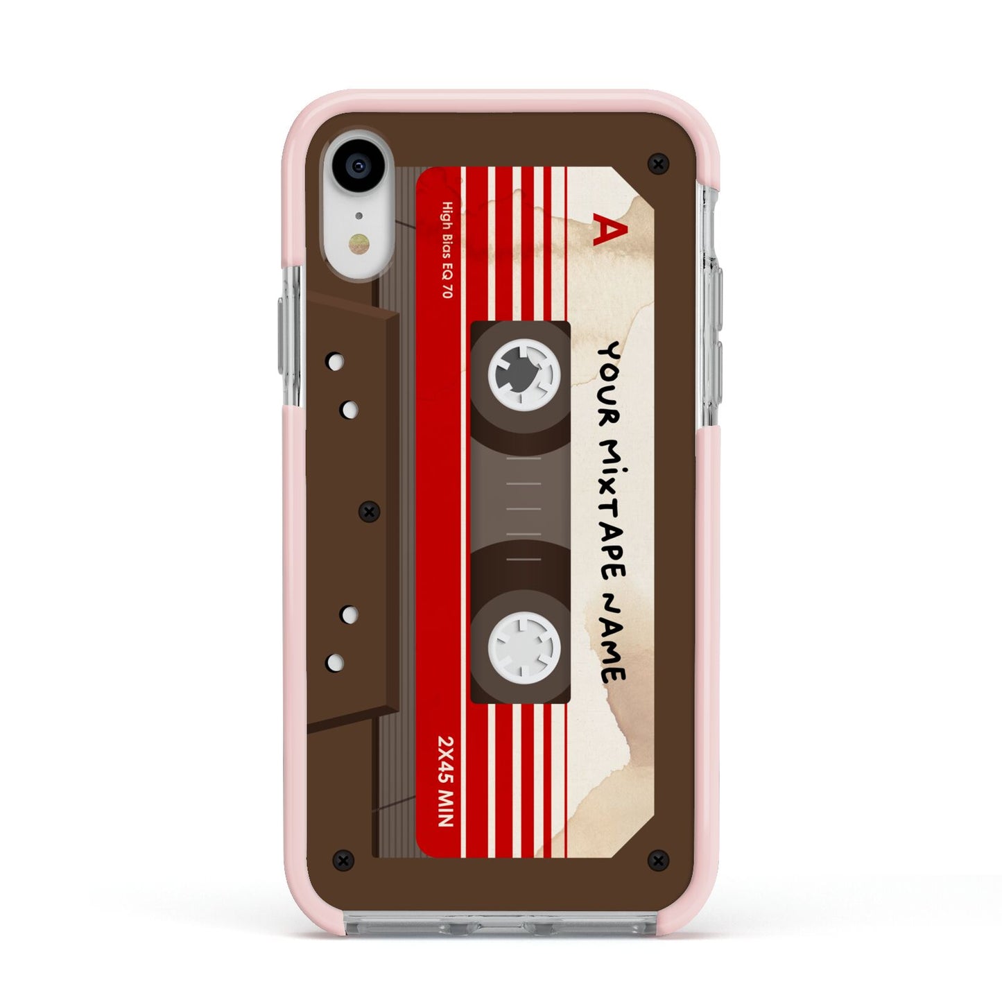 Personalised Brown Mixtape Apple iPhone XR Impact Case Pink Edge on Silver Phone