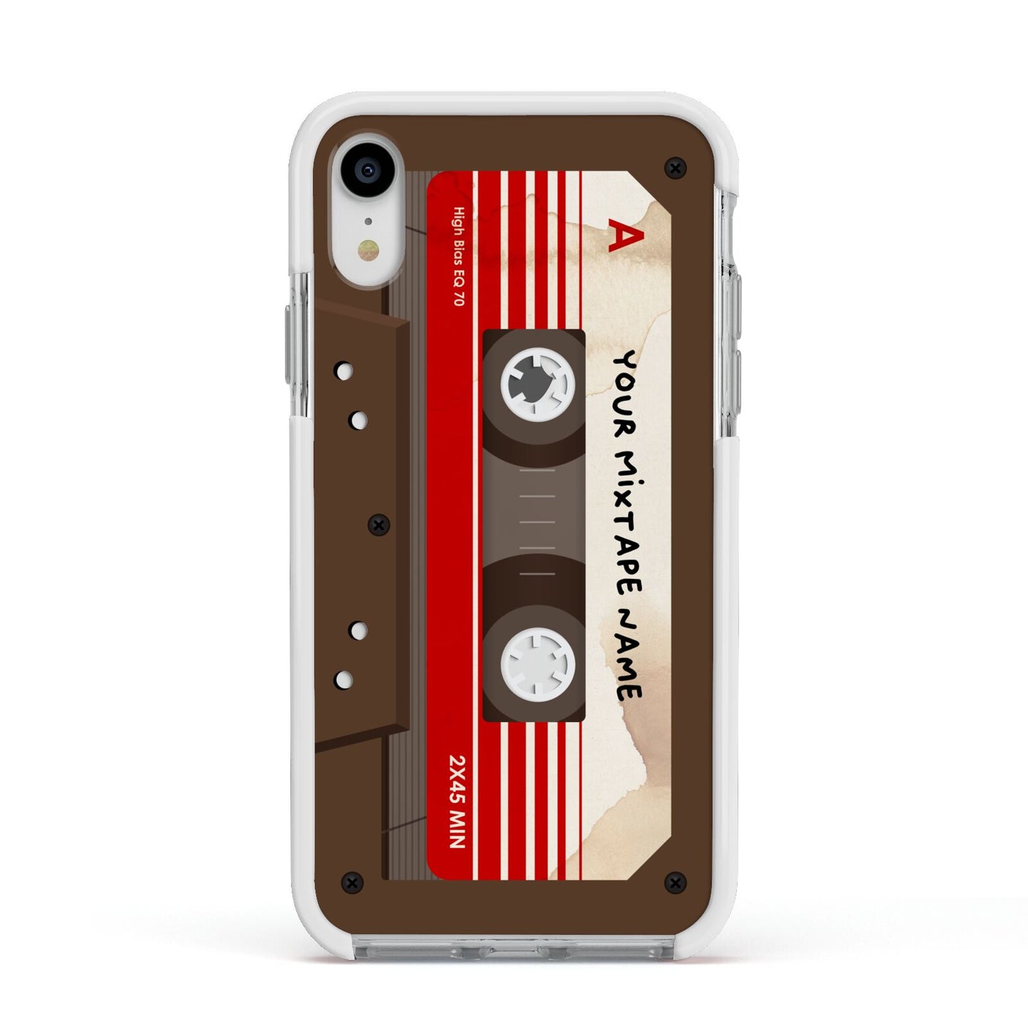 Personalised Brown Mixtape Apple iPhone XR Impact Case White Edge on Silver Phone