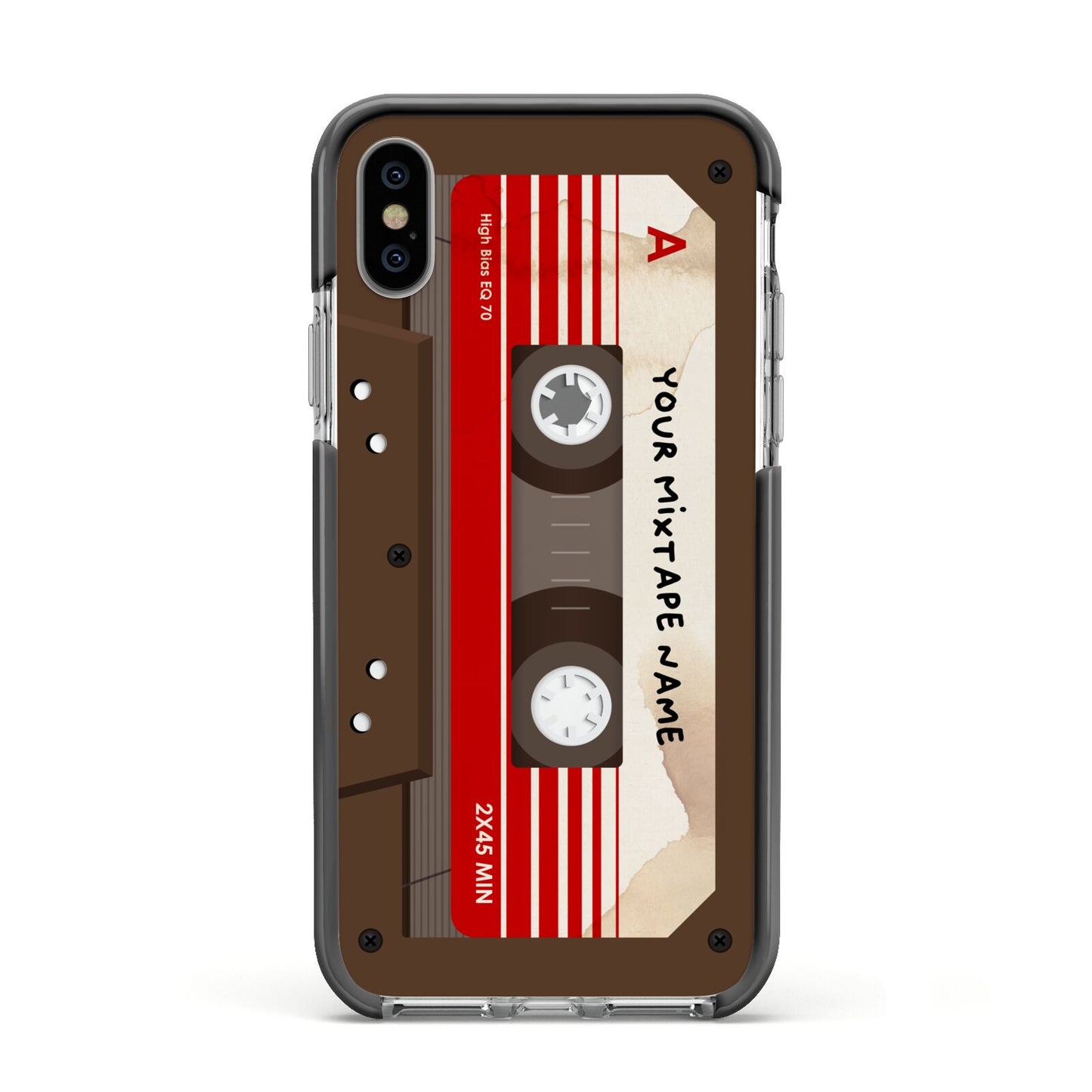 Personalised Brown Mixtape Apple iPhone Xs Impact Case Black Edge on Silver Phone