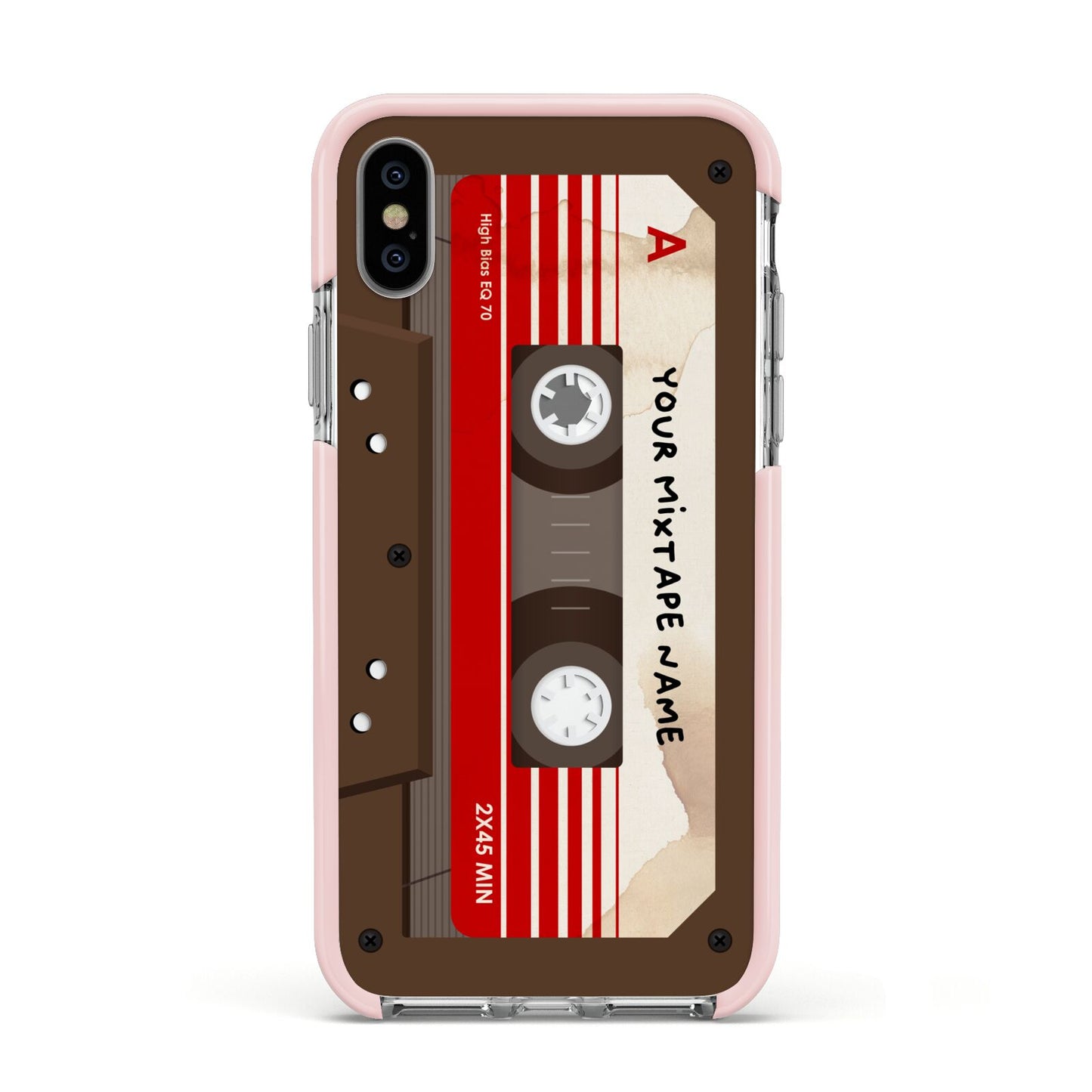 Personalised Brown Mixtape Apple iPhone Xs Impact Case Pink Edge on Silver Phone