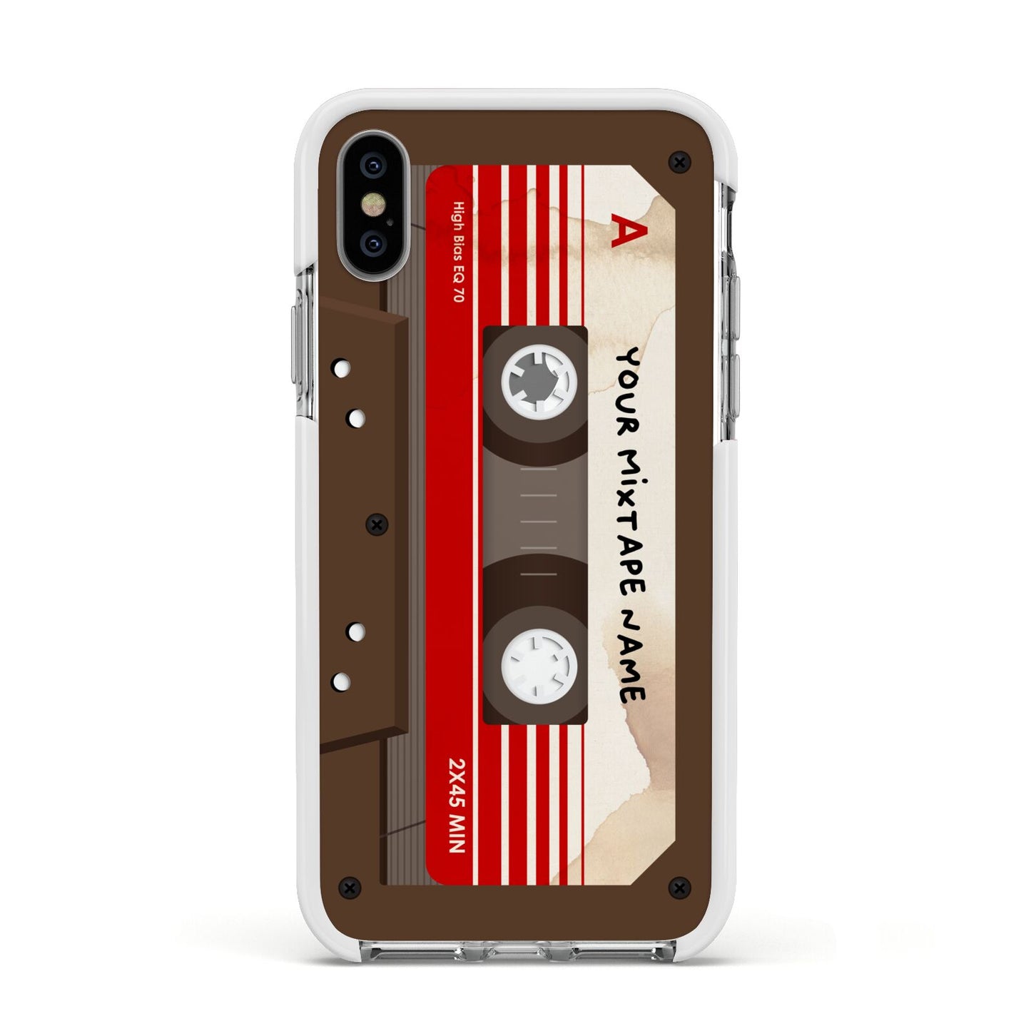 Personalised Brown Mixtape Apple iPhone Xs Impact Case White Edge on Silver Phone