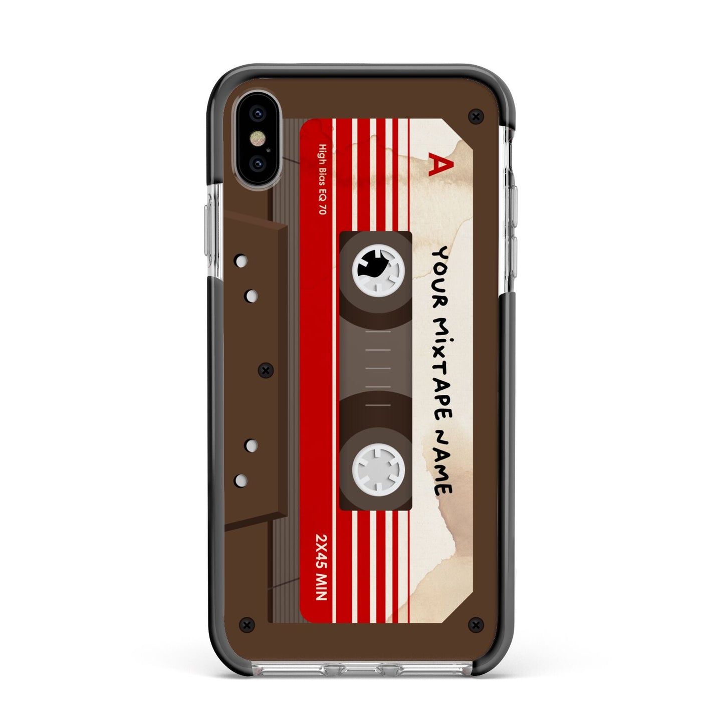 Personalised Brown Mixtape Apple iPhone Xs Max Impact Case Black Edge on Silver Phone