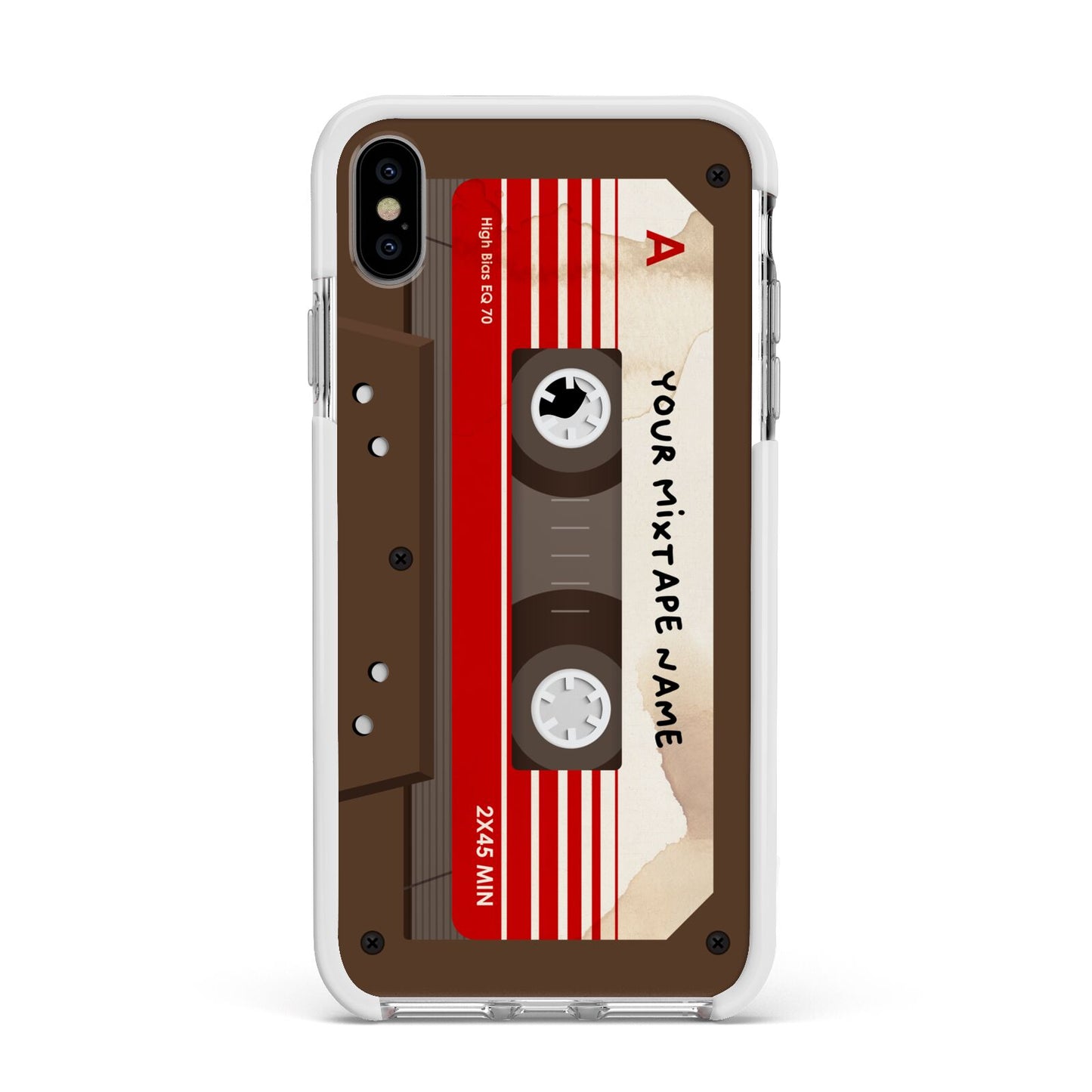 Personalised Brown Mixtape Apple iPhone Xs Max Impact Case White Edge on Silver Phone