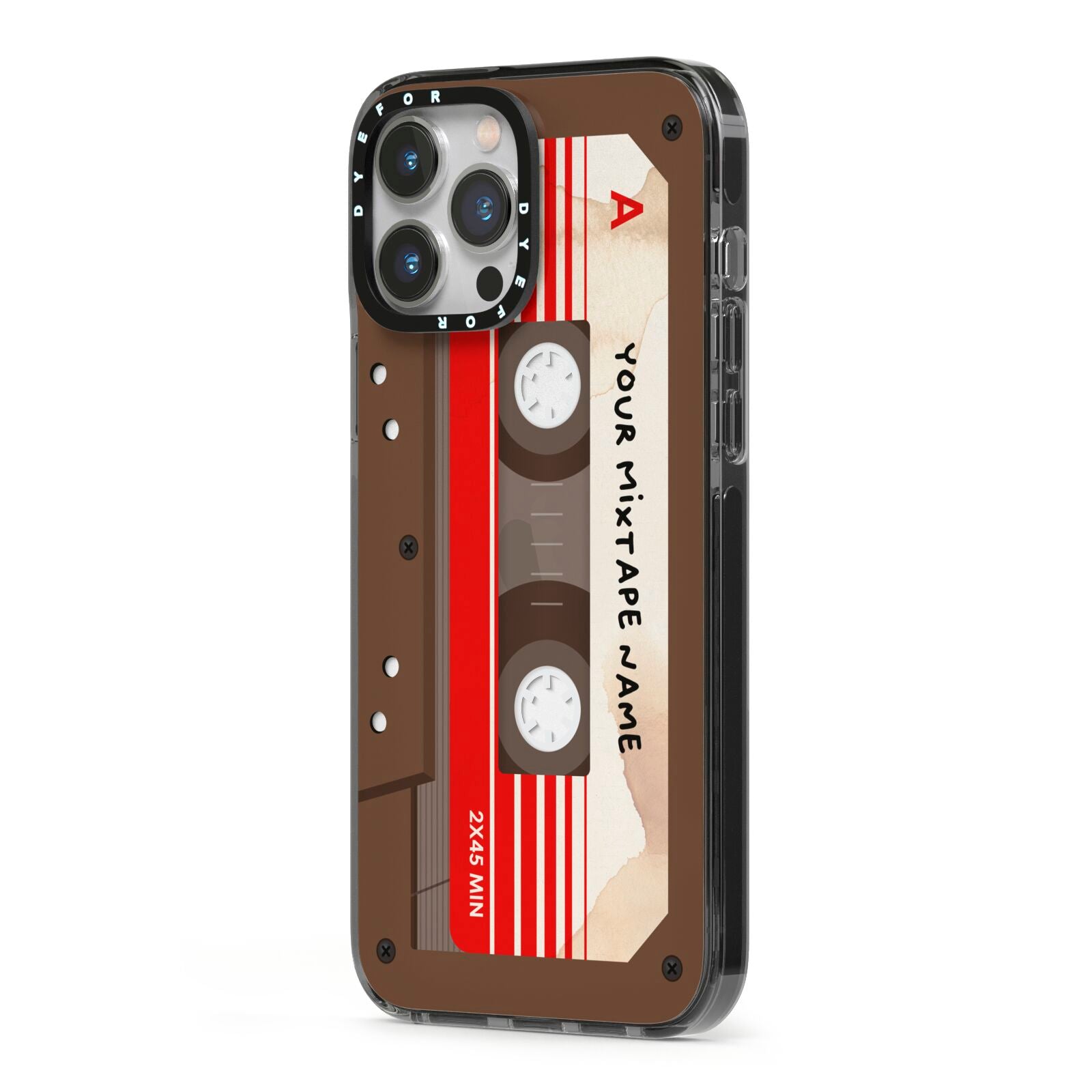 Personalised Brown Mixtape iPhone 13 Pro Max Black Impact Case Side Angle on Silver phone