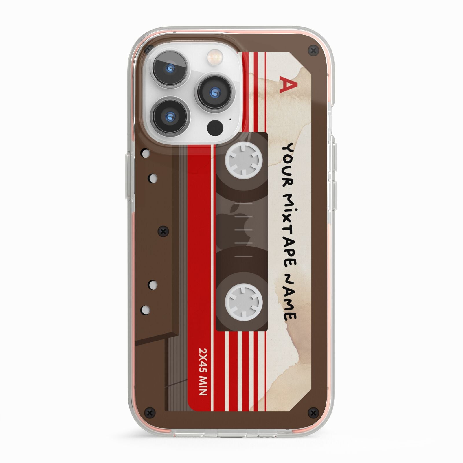 Personalised Brown Mixtape iPhone 13 Pro TPU Impact Case with Pink Edges