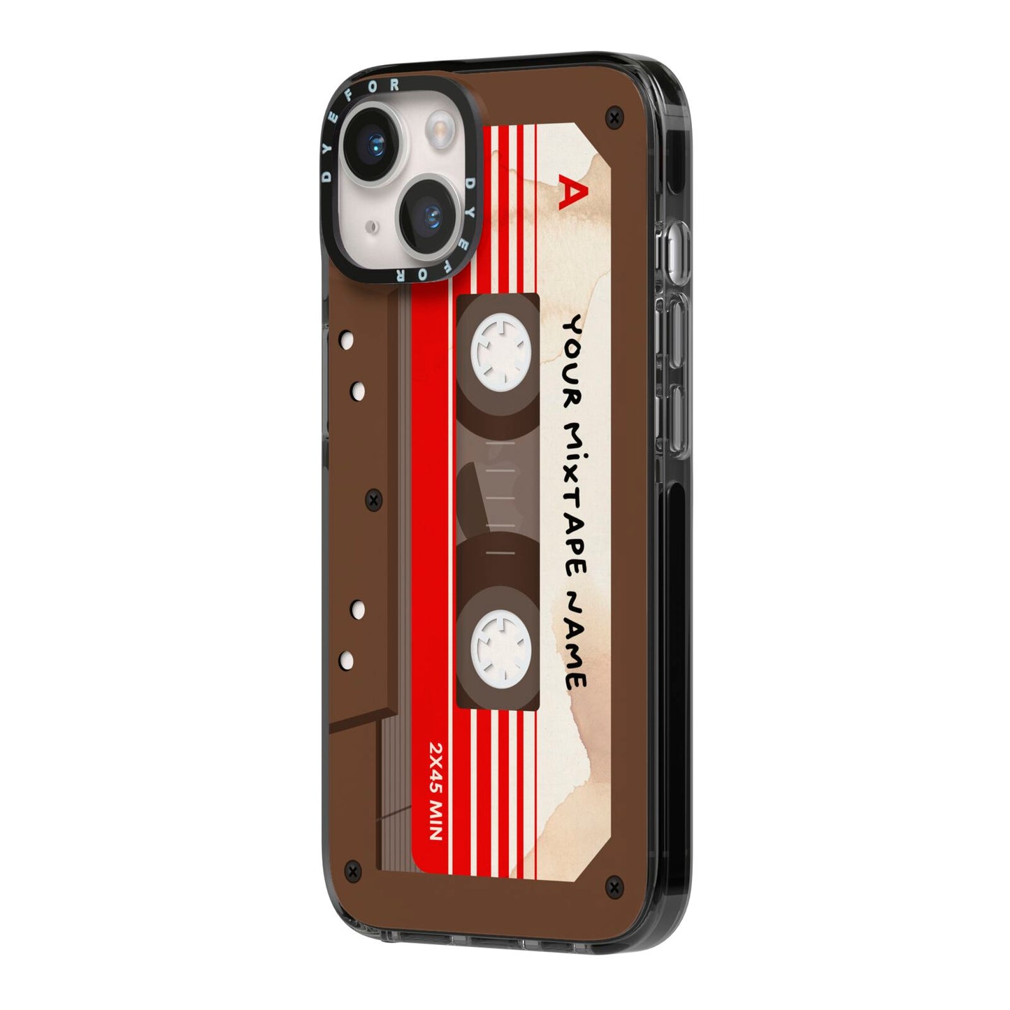 Personalised Brown Mixtape iPhone 14 Black Impact Case Side Angle on Silver phone