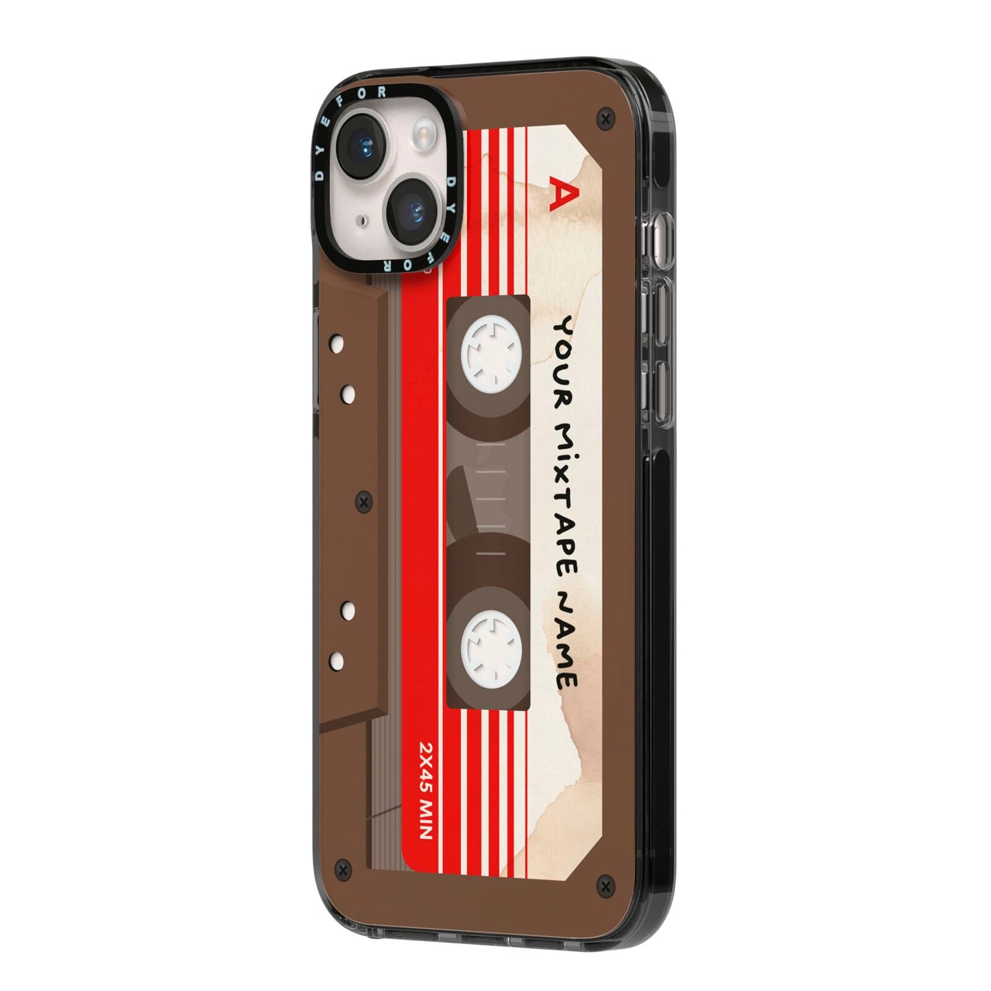 Personalised Brown Mixtape iPhone 14 Plus Black Impact Case Side Angle on Silver phone