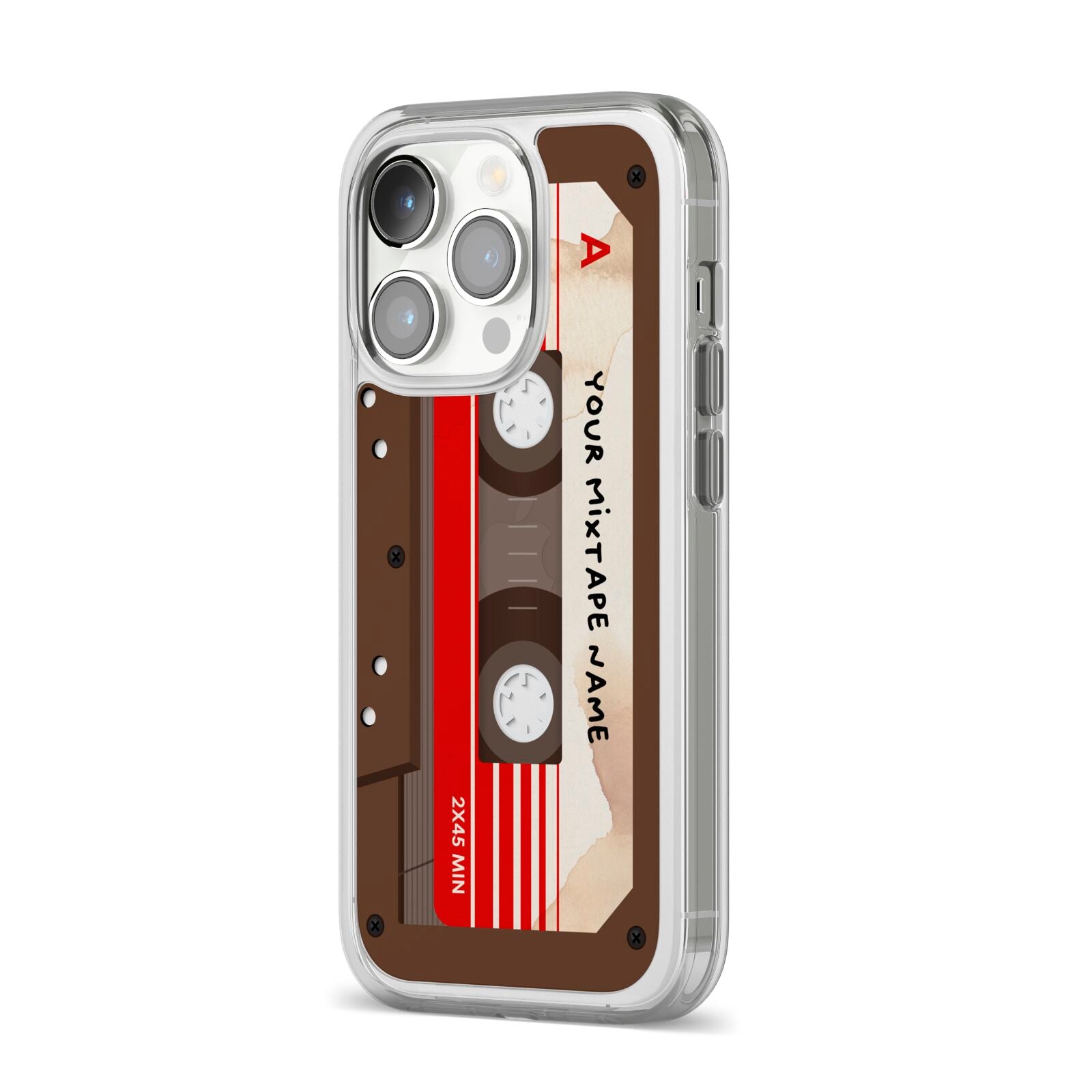 Personalised Brown Mixtape iPhone 14 Pro Clear Tough Case Silver Angled Image