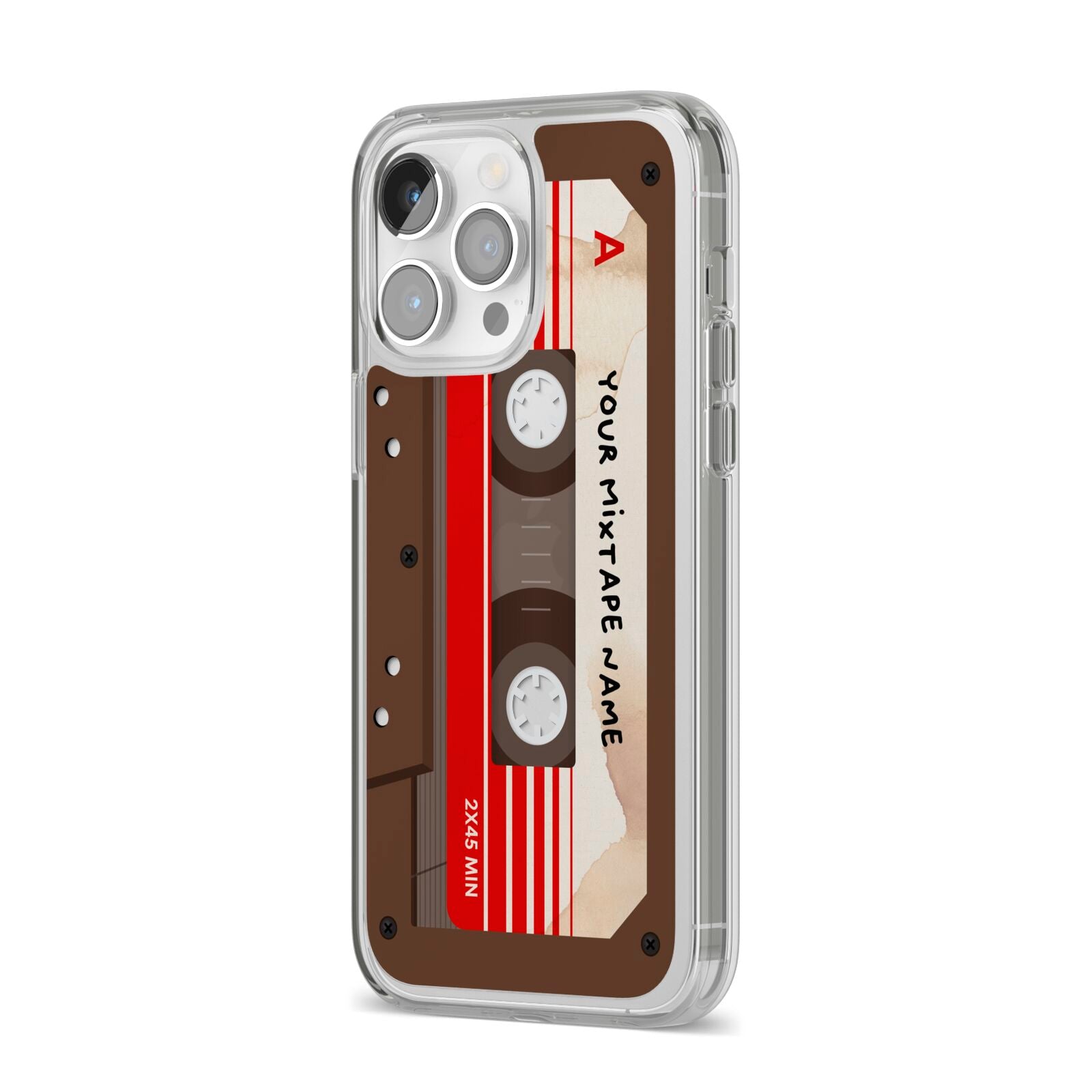 Personalised Brown Mixtape iPhone 14 Pro Max Clear Tough Case Silver Angled Image