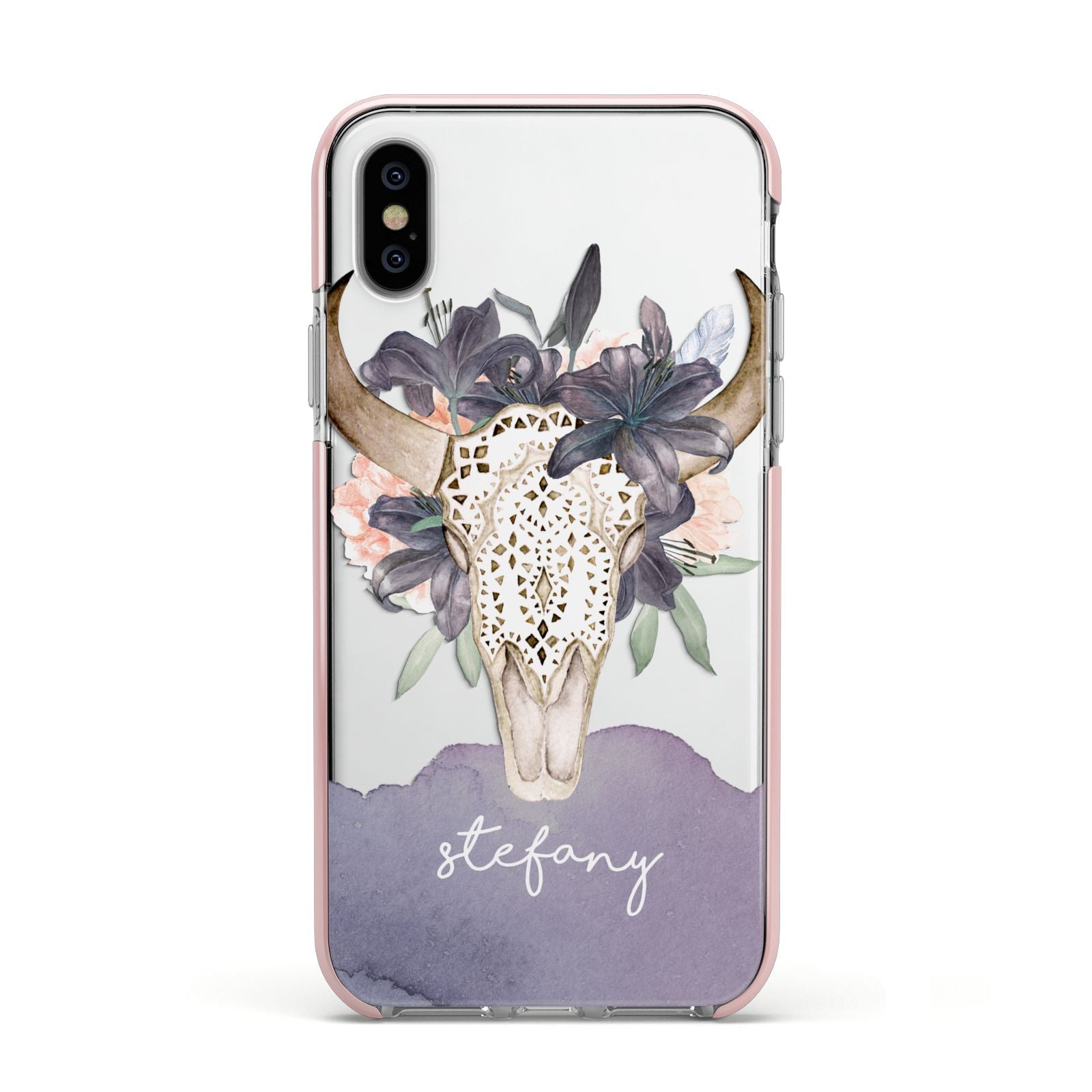 Personalised Bull s Head Apple iPhone Xs Impact Case Pink Edge on Silver Phone