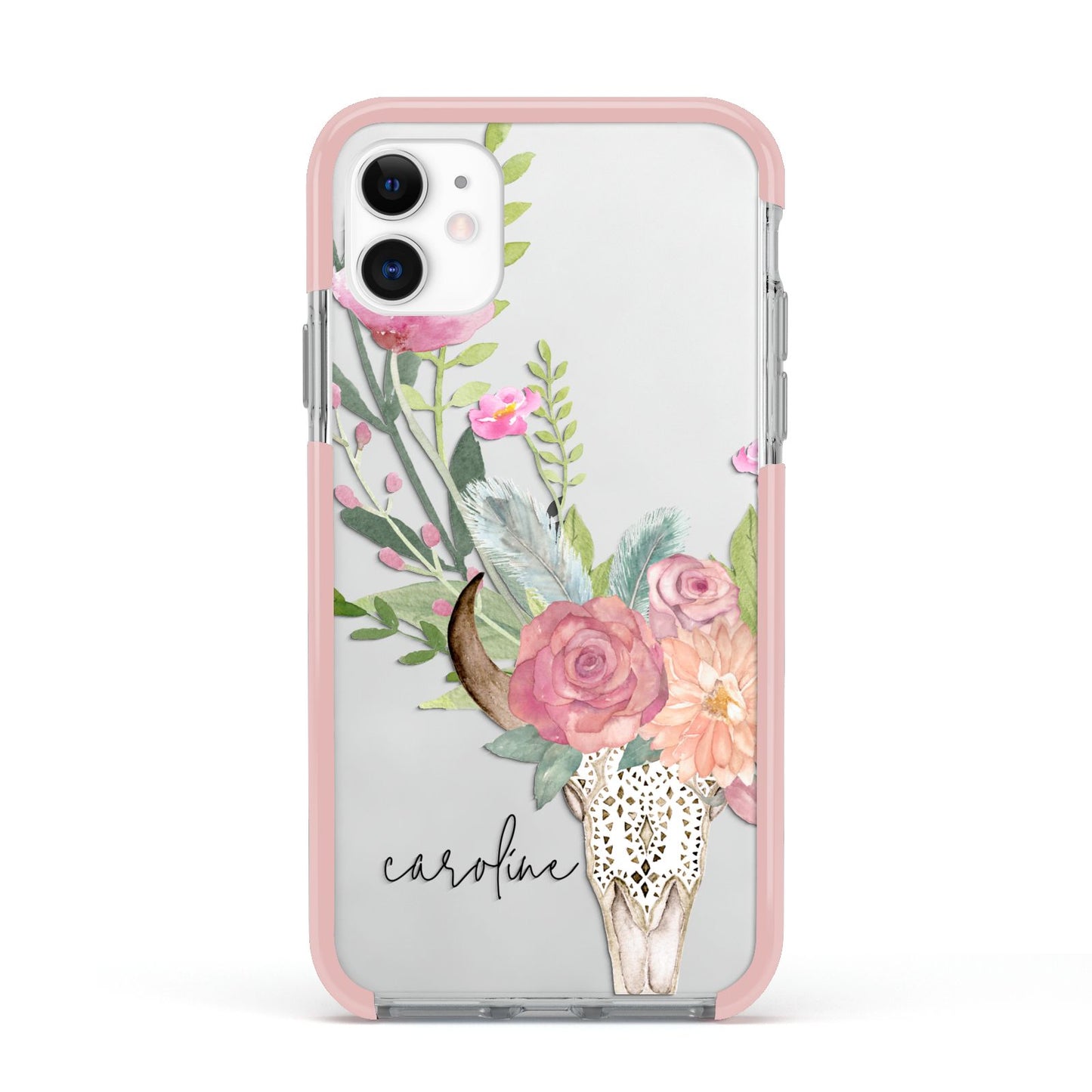 Personalised Bull s Skull Apple iPhone 11 in White with Pink Impact Case