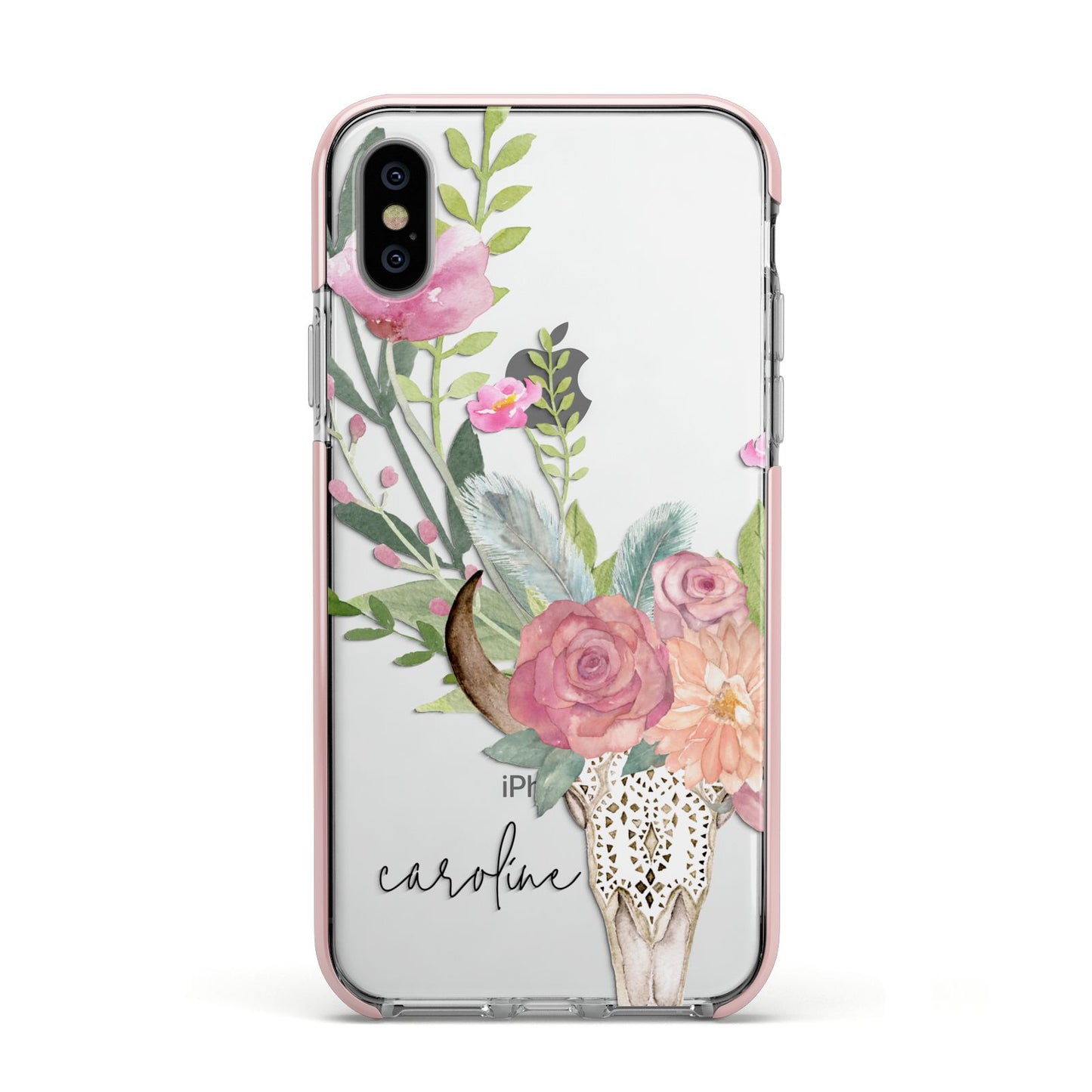 Personalised Bull s Skull Apple iPhone Xs Impact Case Pink Edge on Silver Phone