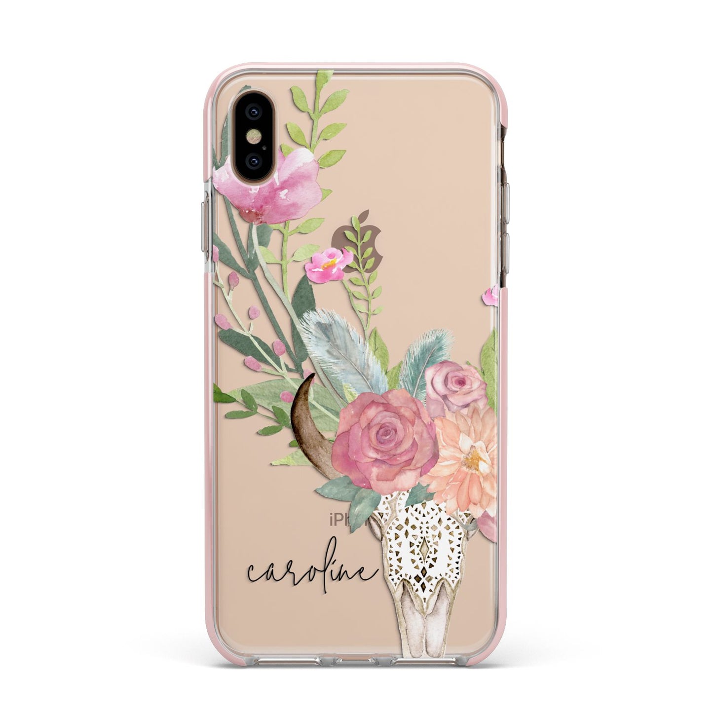 Personalised Bull s Skull Apple iPhone Xs Max Impact Case Pink Edge on Gold Phone