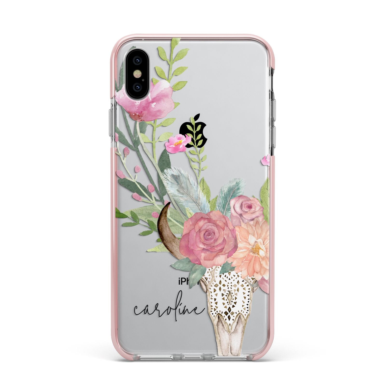 Personalised Bull s Skull Apple iPhone Xs Max Impact Case Pink Edge on Silver Phone