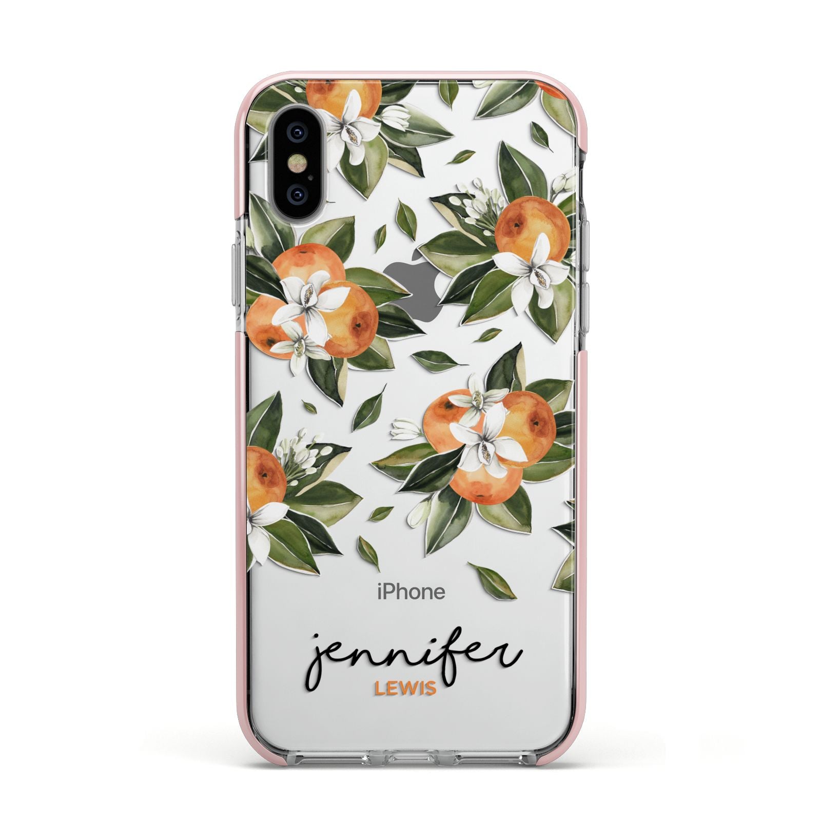 Personalised Bunch of Oranges Apple iPhone Xs Impact Case Pink Edge on Silver Phone