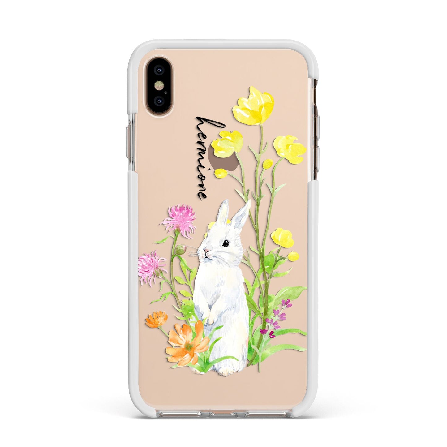 Personalised Bunny Rabbit Apple iPhone Xs Max Impact Case White Edge on Gold Phone