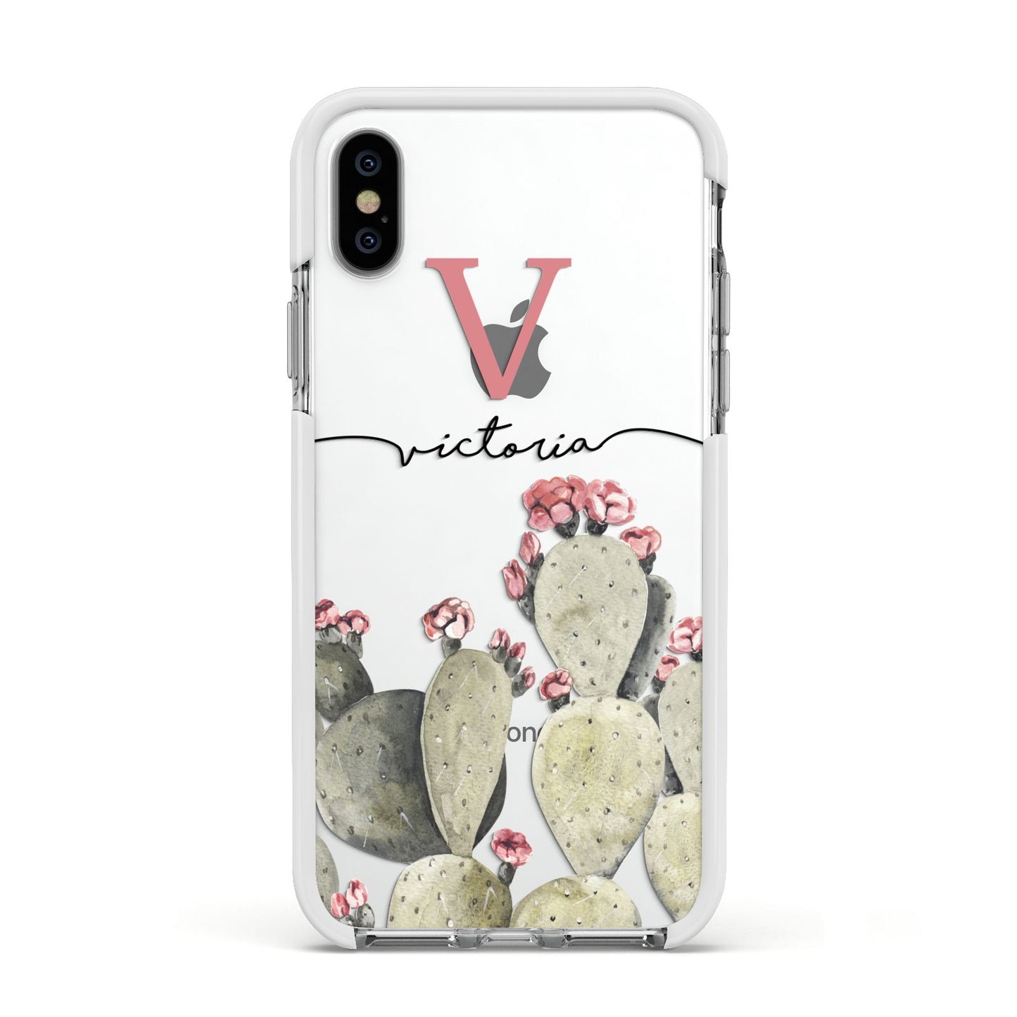 Personalised Cacti Apple iPhone Xs Impact Case White Edge on Silver Phone