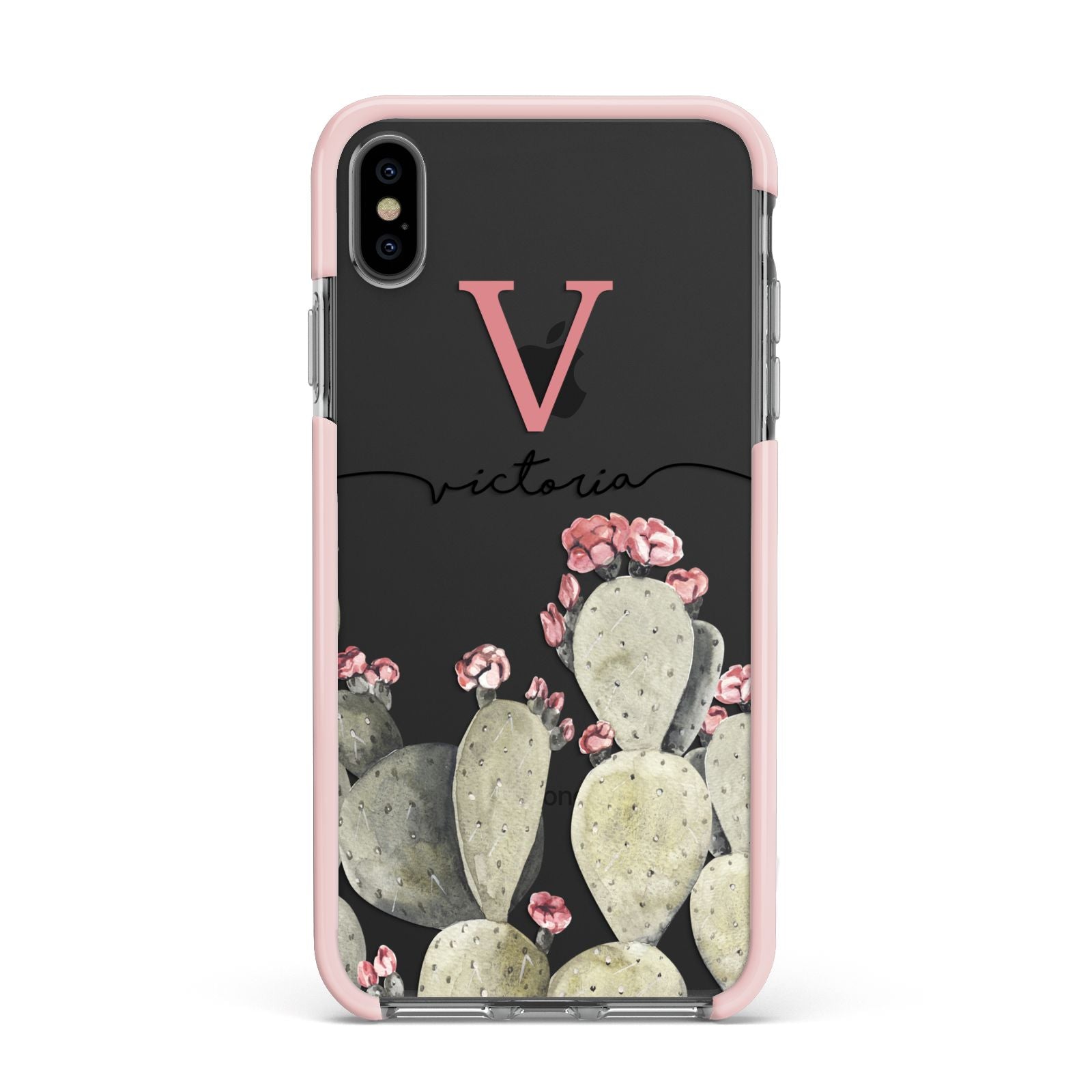 Personalised Cacti Apple iPhone Xs Max Impact Case Pink Edge on Black Phone