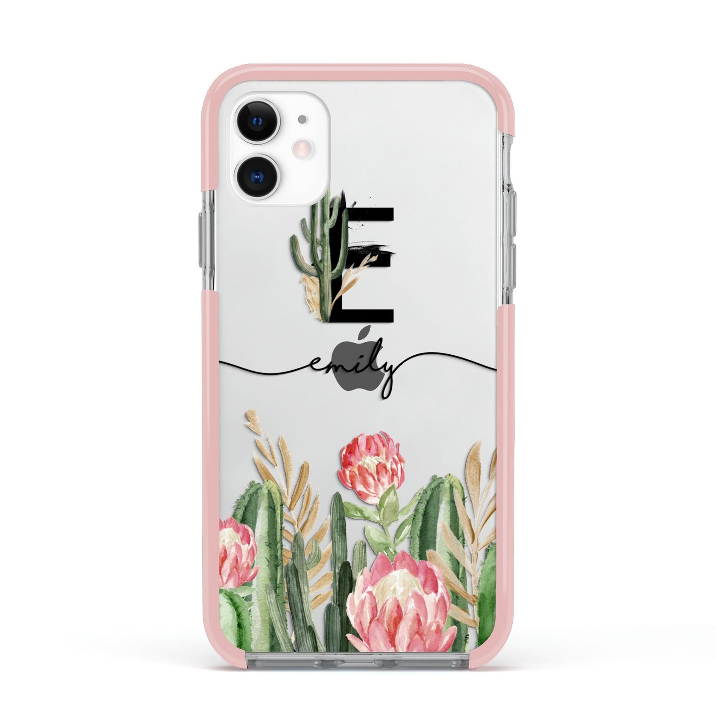 Personalised Cactus Apple iPhone 11 in White with Pink Impact Case