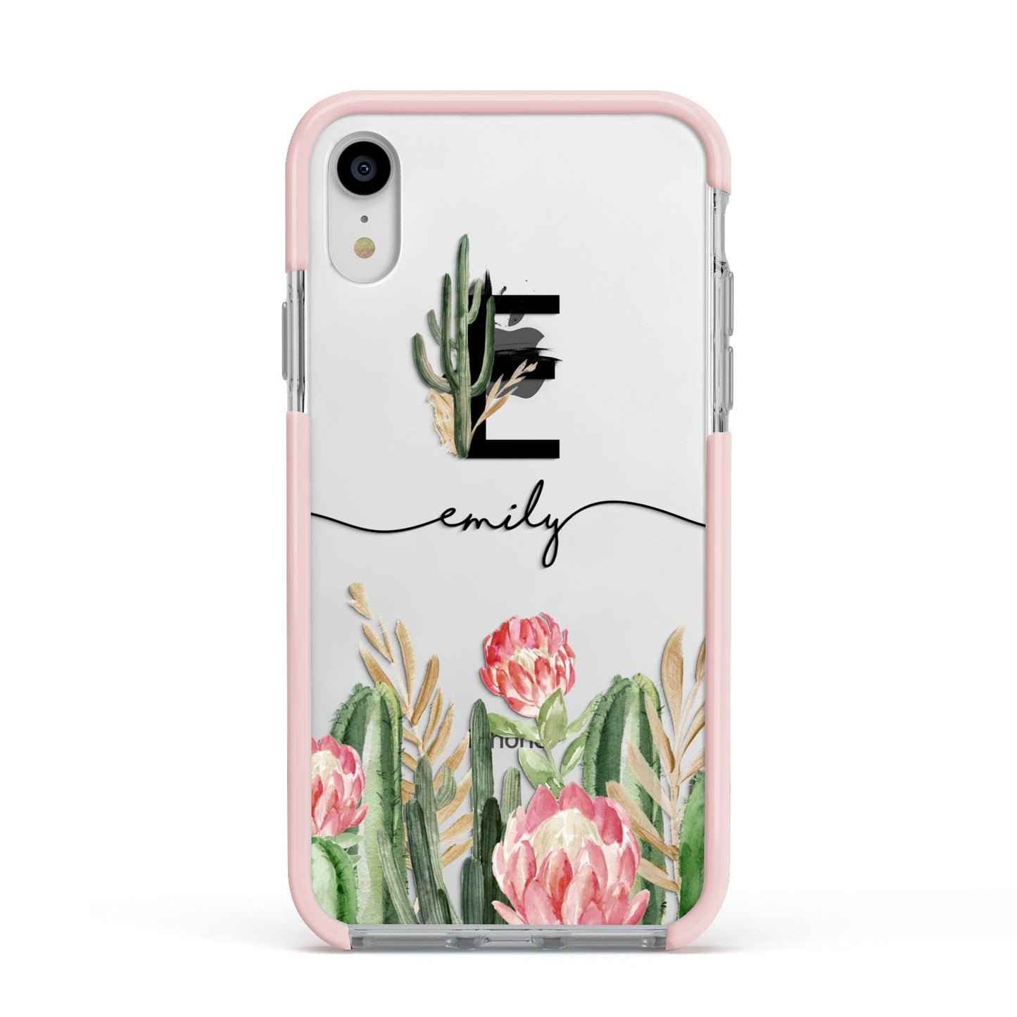 Personalised Cactus Apple iPhone XR Impact Case Pink Edge on Silver Phone