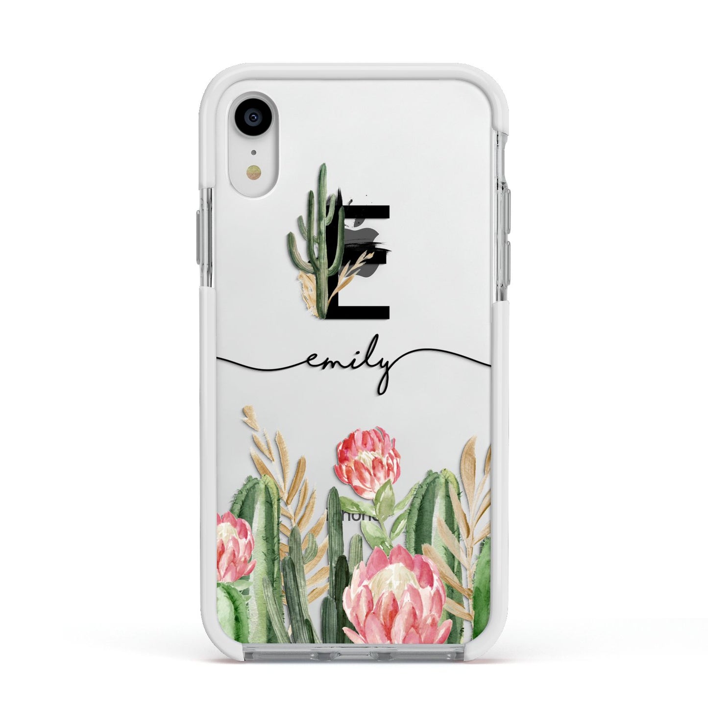 Personalised Cactus Apple iPhone XR Impact Case White Edge on Silver Phone