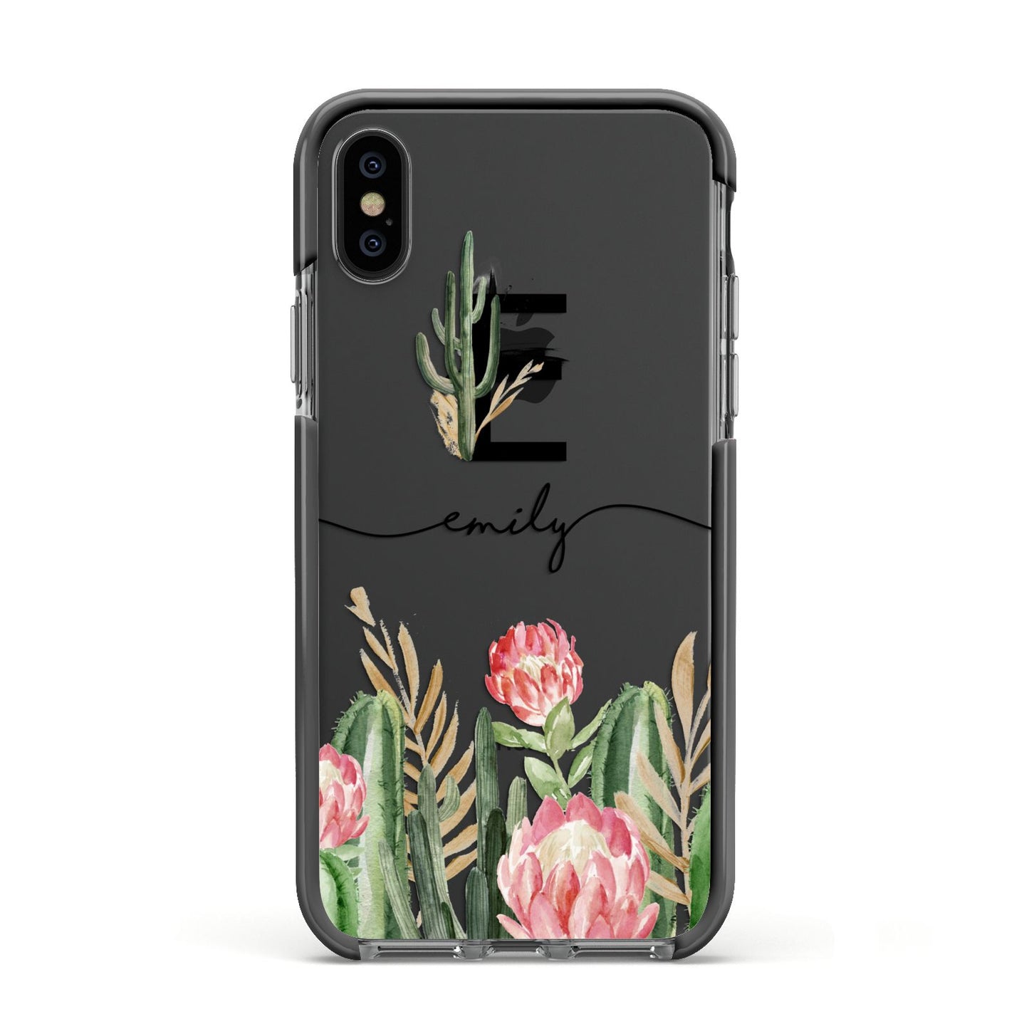 Personalised Cactus Apple iPhone Xs Impact Case Black Edge on Black Phone