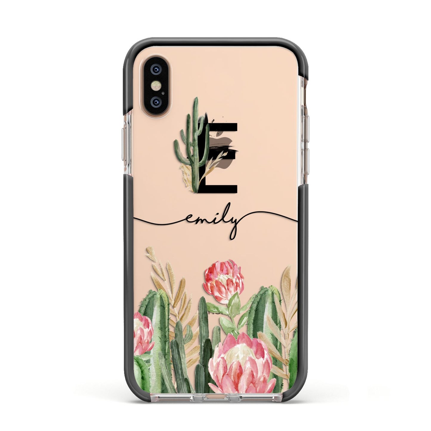 Personalised Cactus Apple iPhone Xs Impact Case Black Edge on Gold Phone