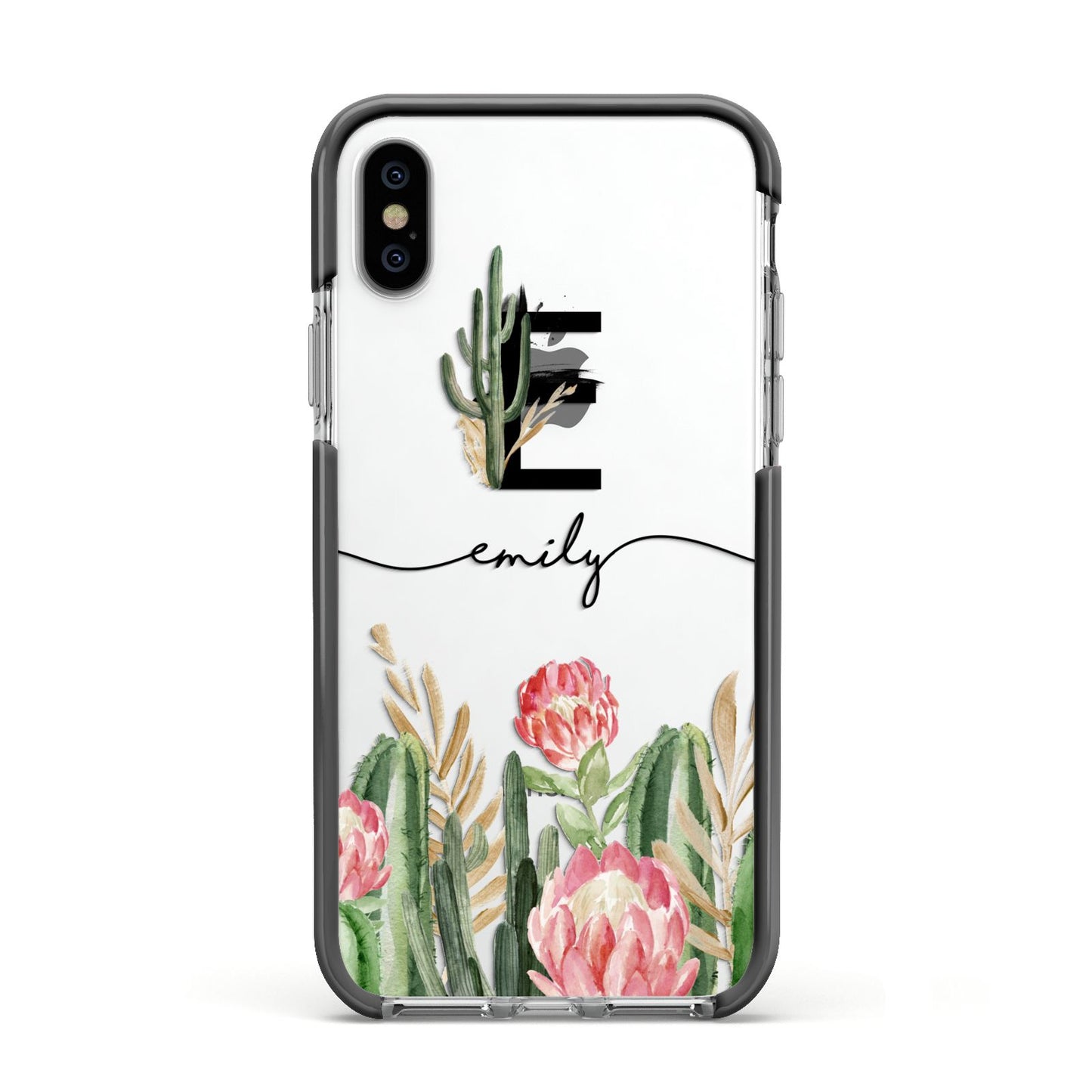 Personalised Cactus Apple iPhone Xs Impact Case Black Edge on Silver Phone