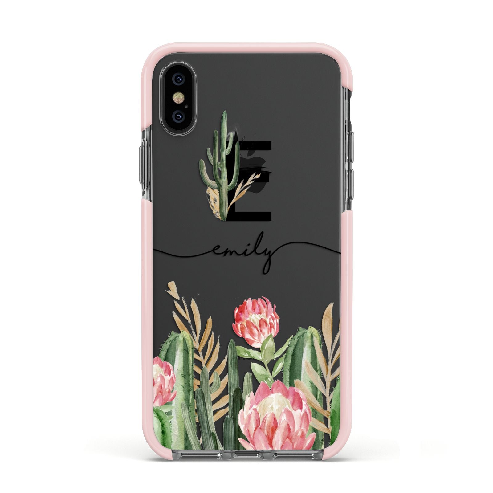 Personalised Cactus Apple iPhone Xs Impact Case Pink Edge on Black Phone