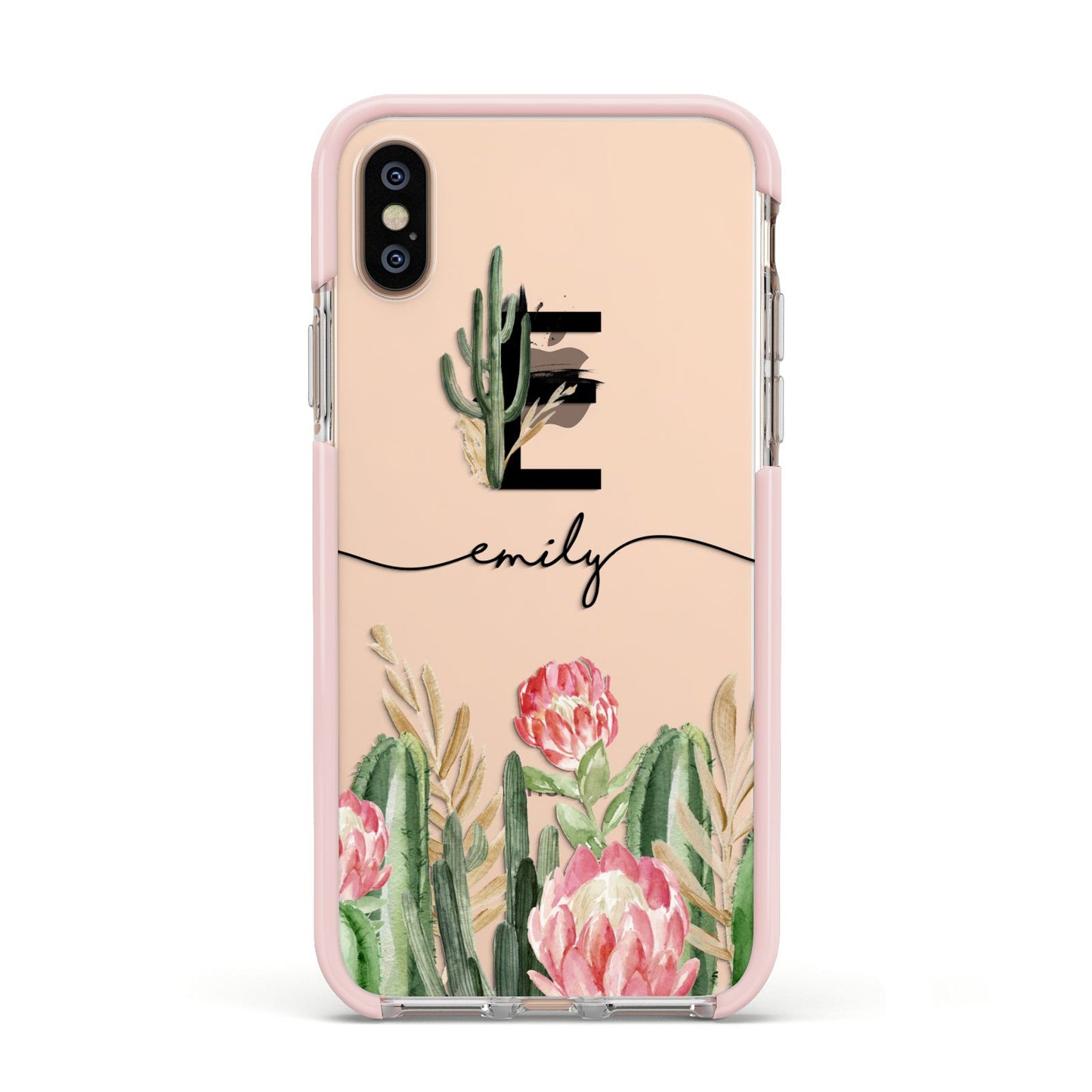 Personalised Cactus Apple iPhone Xs Impact Case Pink Edge on Gold Phone