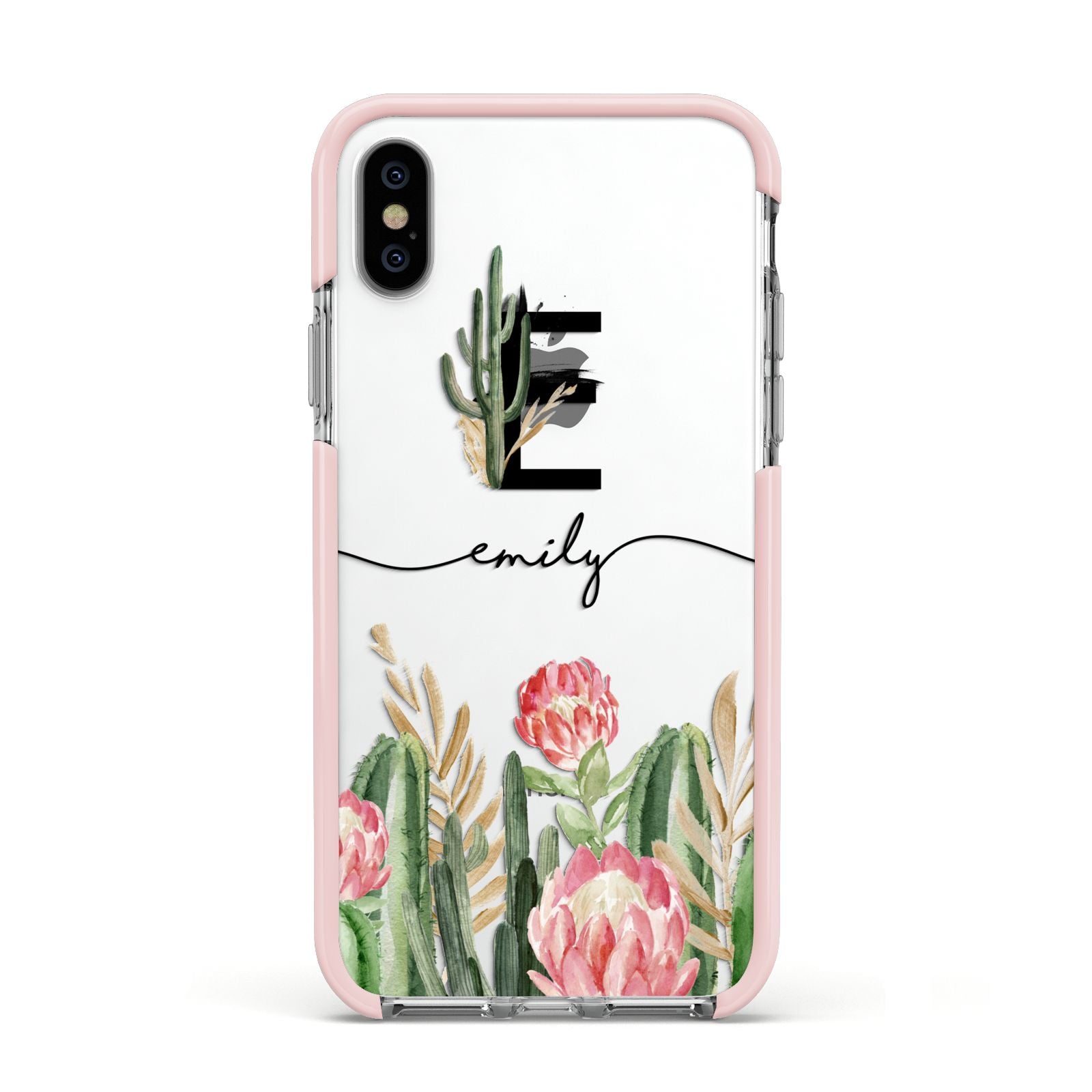 Personalised Cactus Apple iPhone Xs Impact Case Pink Edge on Silver Phone