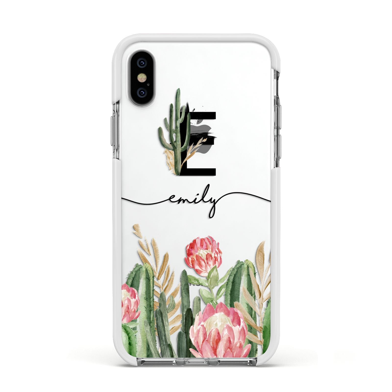 Personalised Cactus Apple iPhone Xs Impact Case White Edge on Silver Phone