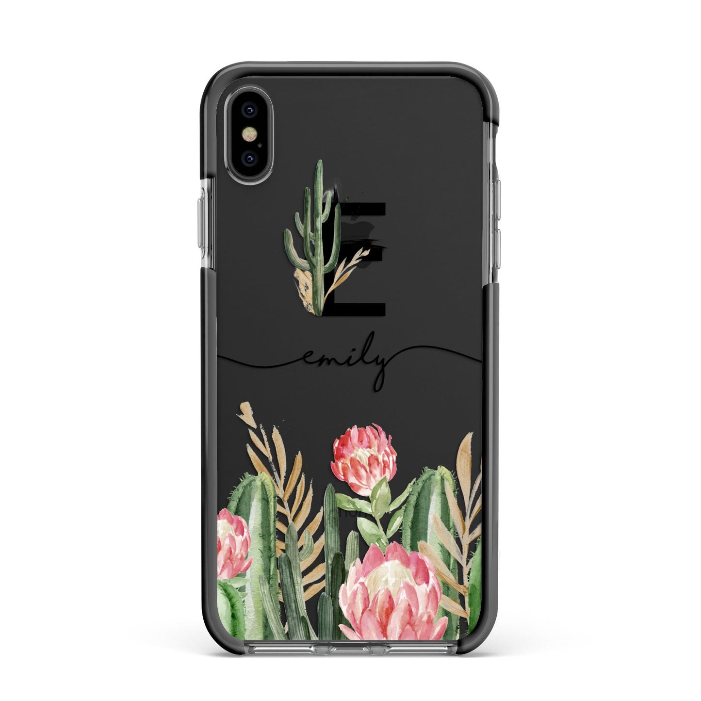 Personalised Cactus Apple iPhone Xs Max Impact Case Black Edge on Black Phone