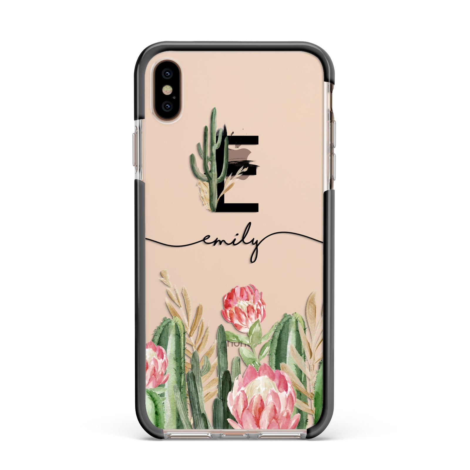 Personalised Cactus Apple iPhone Xs Max Impact Case Black Edge on Gold Phone