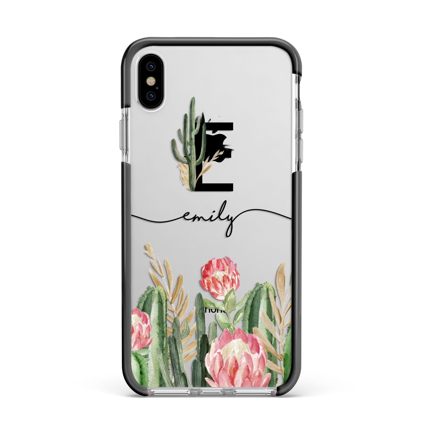 Personalised Cactus Apple iPhone Xs Max Impact Case Black Edge on Silver Phone