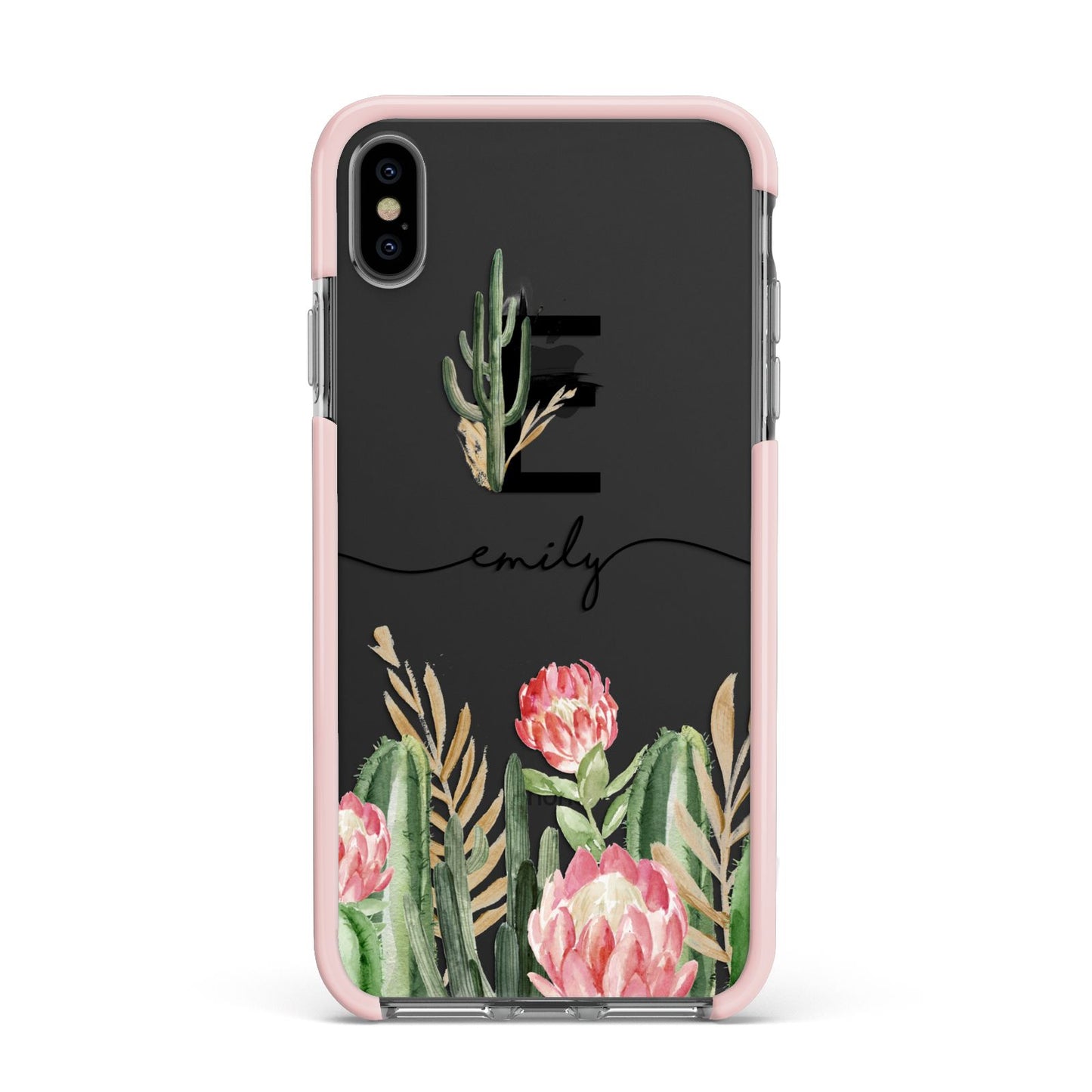 Personalised Cactus Apple iPhone Xs Max Impact Case Pink Edge on Black Phone