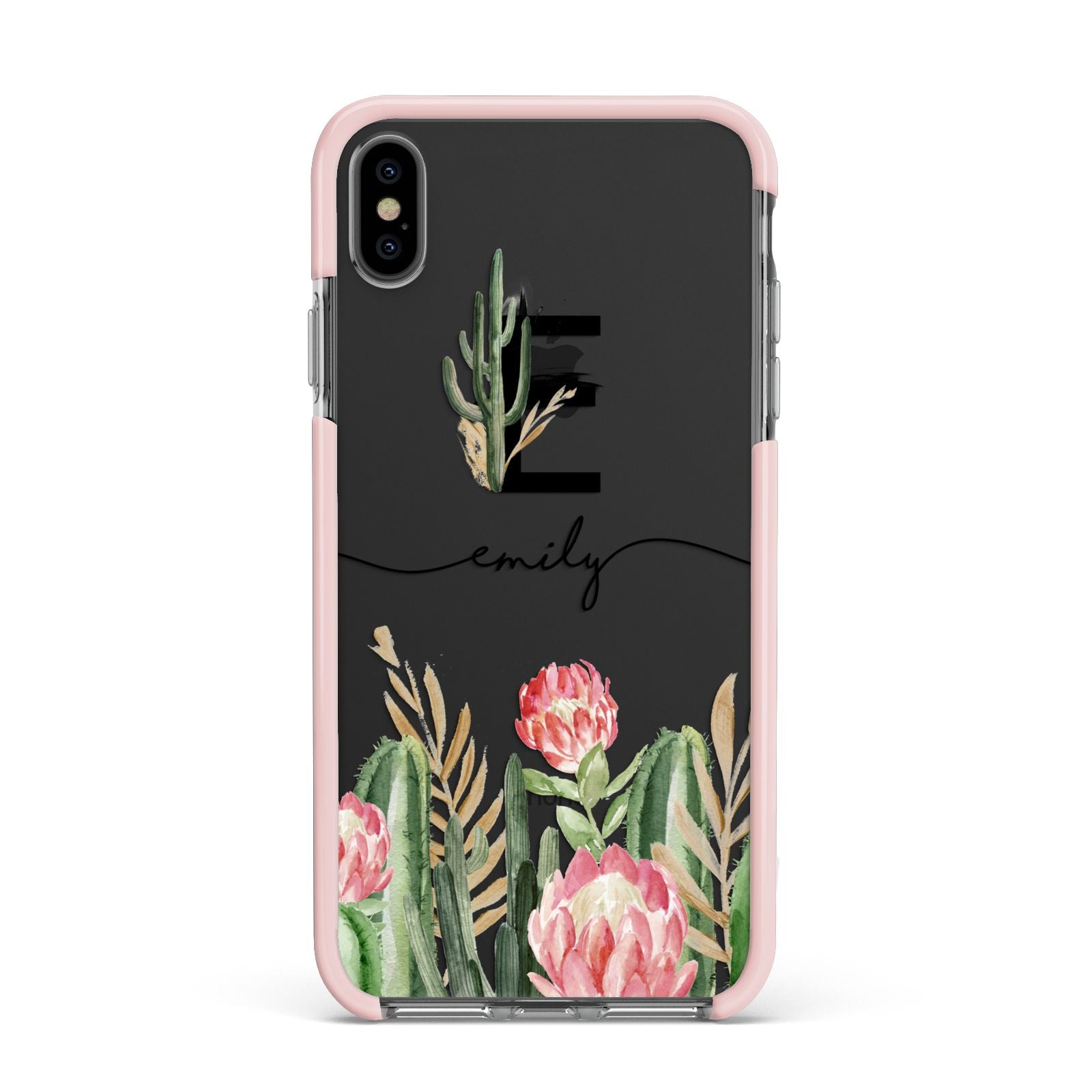 Personalised Cactus Apple iPhone Xs Max Impact Case Pink Edge on Black Phone