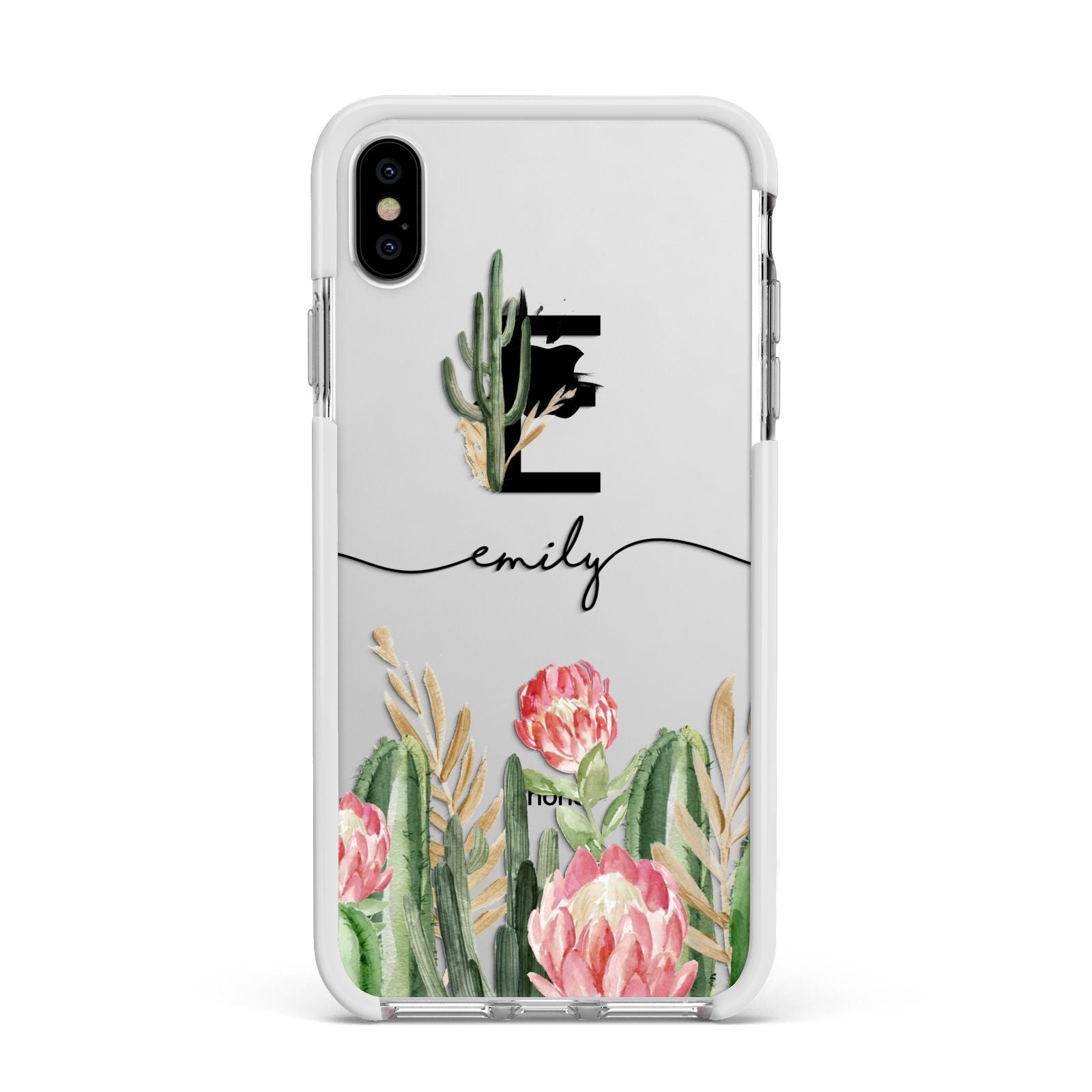 Personalised Cactus Apple iPhone Xs Max Impact Case White Edge on Silver Phone