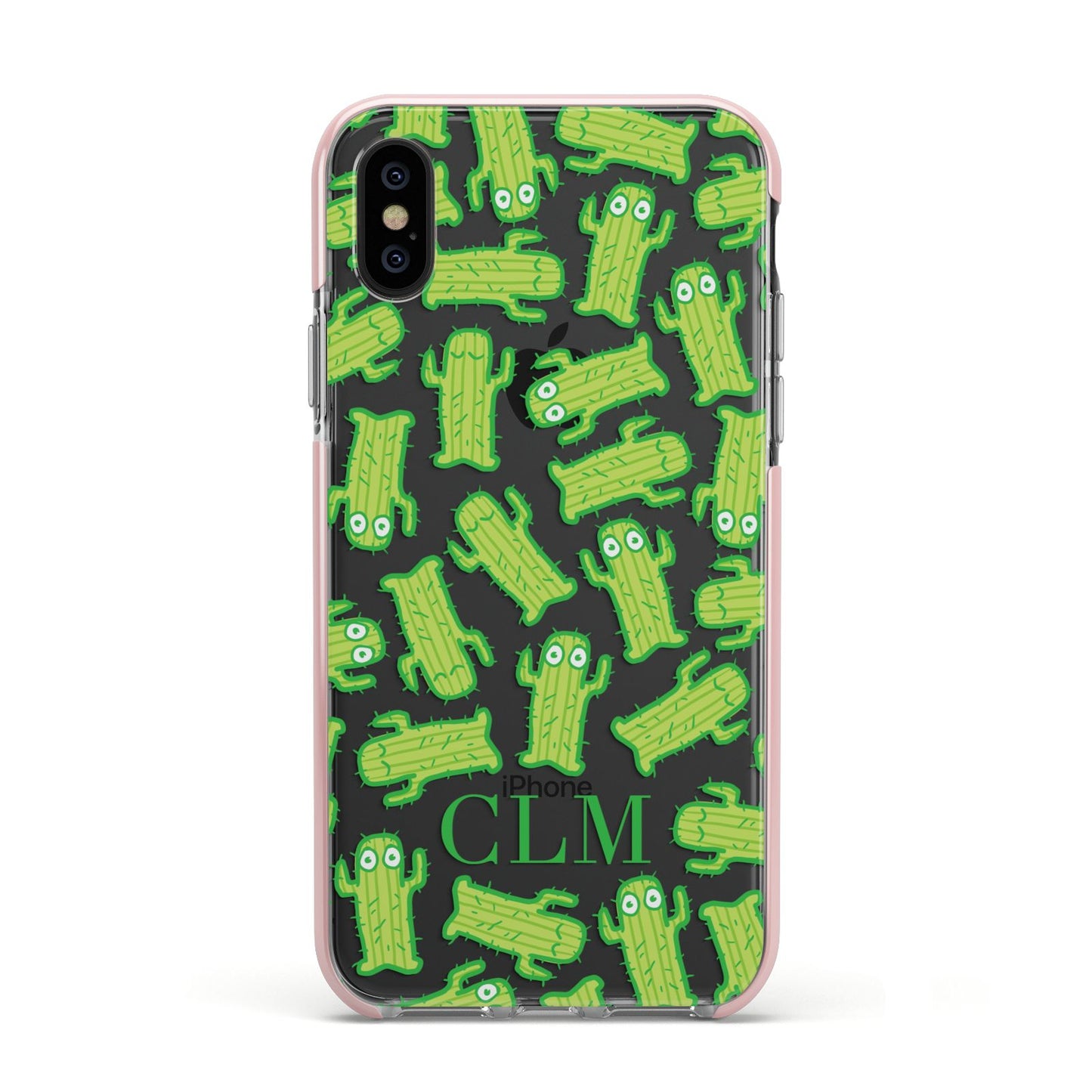 Personalised Cactus Initials Apple iPhone Xs Impact Case Pink Edge on Black Phone