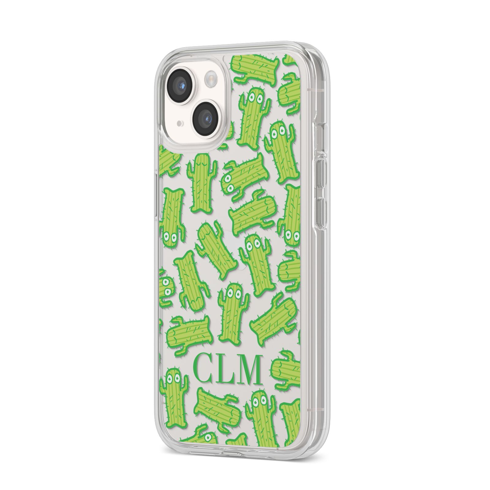 Personalised Cactus Initials iPhone 14 Clear Tough Case Starlight Angled Image