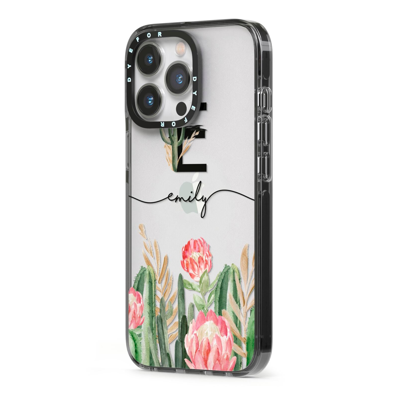 Personalised Cactus iPhone 13 Pro Black Impact Case Side Angle on Silver phone