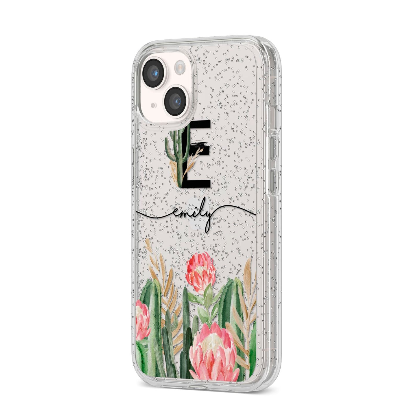 Personalised Cactus iPhone 14 Glitter Tough Case Starlight Angled Image